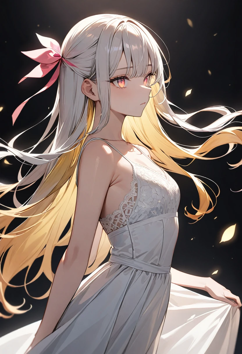 (masterpiece, top quality, very aesthetic, 4k、illustration), intricate detail, 1woman,from side、solo,contrapposto 、Strong glowing eyes、,(cowboy shot)、、(),beautiful face、expressionless、straight hair、(fluorescence gradient hair)、multicolored hair,hair ribbon,middle hair,sidelock ,レッド　eyes、white lace camisole Dresses、small breasts、Slim 、white background