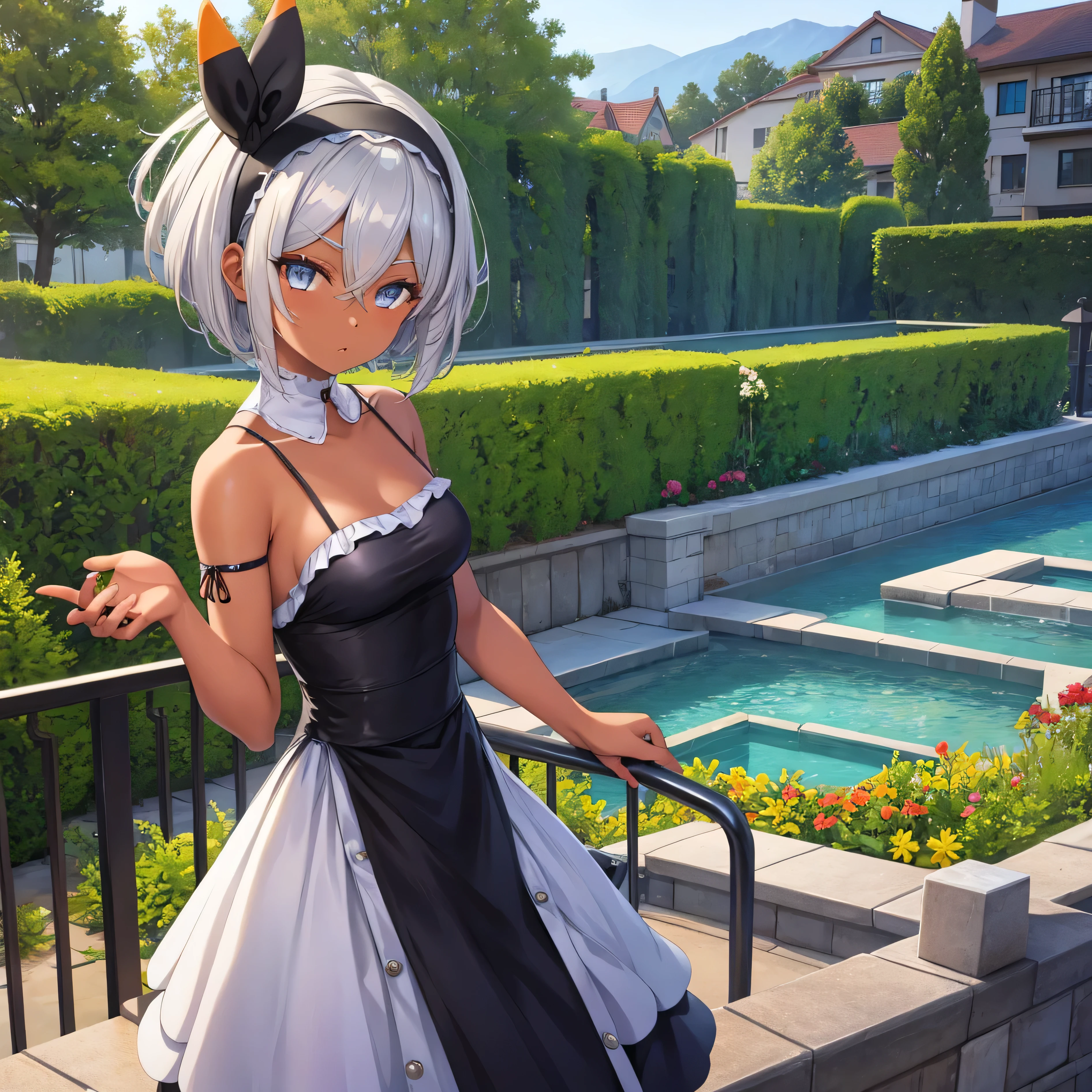 masterpiece:1.2, best quality, (ultra detailed), (highly detailed:1.2), (1girl, solo), pov, bea pokemon, black hairband, (dark-skinned female), hair between eyes, grey hair, short hair, solo, grey eyes, looking at viewer, standing, in house, house background,