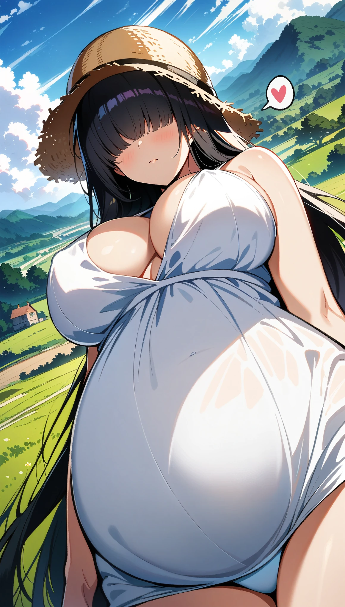 1 woman, black hair, very long hair, cute face, ideal ratio body proportions, blush, (((((hair over eyes))))), (curvy), (((large breasts))), (((large hip))), ((cleavage)), (((Straw hat))), (((White negligee))), ((Expressionless)), ((white bikini)), ((Close your mouth)), ((((multiple angle)))), (Rural landscape:1.5), (cowboy_shot), (((((spoken heart))))), ((from front)), ((from below)), (((looking down at viewer))), pregnant, ((32k)), ((best quality)), ((ultra high res)), ((HDR)), ((UHD)), ((extremely detailed CG)), ((unity 32k wallpaper)), ((perfect anatomy)), (((anime colored))),