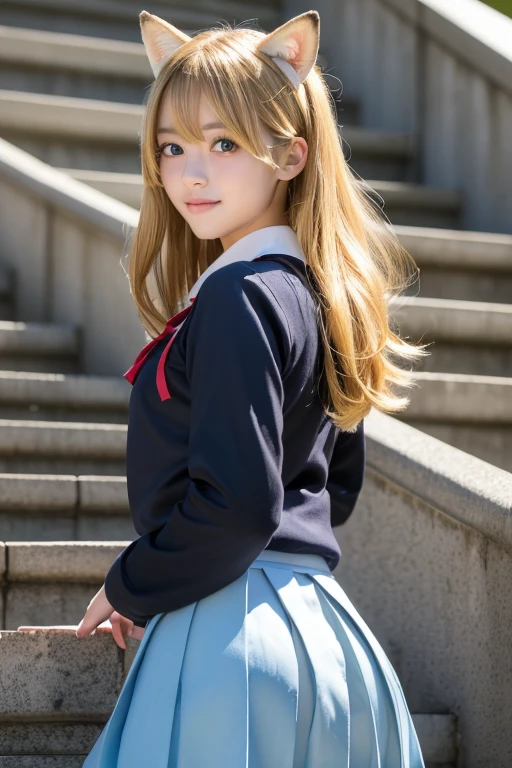 ((Beautiful blonde hair))、((Beautiful blonde hair))、One Girl、((Highest quality、8k、masterpiece))、Sharp focus:1.2、(Small fox ears)、Cute 17 year old girl with perfect figure:1.4、((Detailed image of the skirt))、 ((Detailed image of the skirt))、Highest quality, masterpiece, Ultra-high resolution, (Realistic:1.4), RAW Photos, Full Body Shot, Front view, From below, One Girl, The most famous Japanese idols, Crouching on the stairs, ((Wear Japan high school uniform)), (Very cute face like the most popular Japanese idol, (Very beautiful big eyes)), Very beautiful hair, Very beautiful skin, Very beautiful long eyelashes, Very beautiful lips, Very beautiful short body, Very beautiful thighs, An innocent smile, View your viewers, Dynamic pose, Detailed play area, ((Detailed matching of Japanese high school uniforms)), ((Detailed image of the skirt)、)((Detailed image of the skirt))、((Detailed image of the skirt))