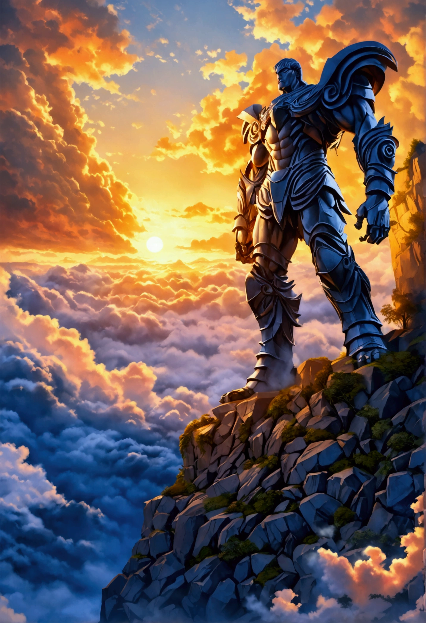 a colossal titan standing behind wall at sunset time, dramatic lighting, moody atmosphere, cinematic composition, epic scale, highly detailed, photorealistic, dramatic clouds, golden hour lighting, volumetric fog, detailed stone texture, powerful and imposing, awe-inspiring, (best quality,8k,highres,masterpiece:1.2),ultra-detailed,(realistic,photorealistic,photo-realistic:1.37)