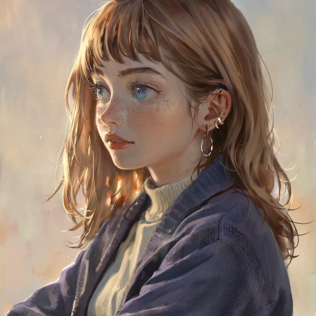 score_9, score_8_up, score_7_up, score_6_up, score_5_up, score_4_up, fkey70, h3l3n, masterpiece, best quality, high quality, hyperrealistic anime painting, anime painting, painterly, realistic painting, soft feature, detailed clothes, detailed, rembrandt lighting, solo, masterpiece, best quality, high quality,1girl, jewelry, solo, pale skin, light-skinned female, brown hair, crossed arms, earrings, long hair, lips, upper body, sweater, piercing, looking to the side, blue eyes, freckles, ear piercing, medium breasts