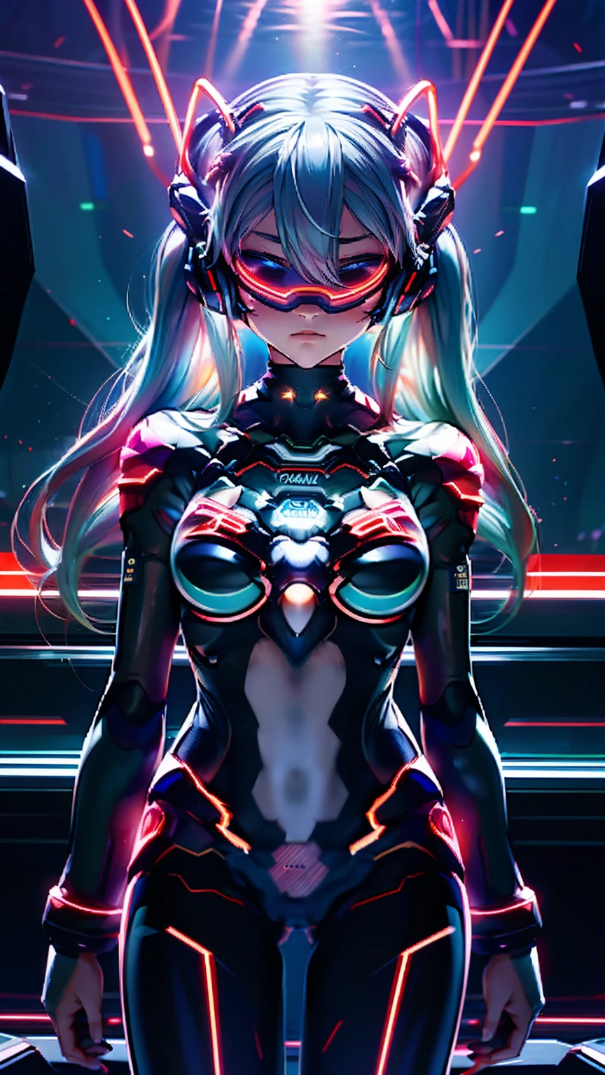 {{1 female},{{{{{Tabletop++, Highest quality++, Super detailed+, Ultra-high resolution,(Realistic:1.4)Cowboy Shot,Hatsune Miku, (vocaloid)RAW Photos,(Hatsune Miku)+,(Hatsune Miku)+, (vocaloid) Expressionless, Light blue hair, Red eyes ,clavicle, Twin tails, ((Black Bodysuit 1.6)),so beautiful, Highest quality, Absurd, One Girl, Brainwashed,}}}} Hollow Eyes,(Eyes glow red :1.4)), ((Big Breasts：1.1))、(The shape of the genitals is clearly visible)) cyber punk, Dark Lab, Dark Room,(Neon Light:1.2), (night:1.5), (Stand up and raise your right arm in a salute, Place your left hand on your hip)