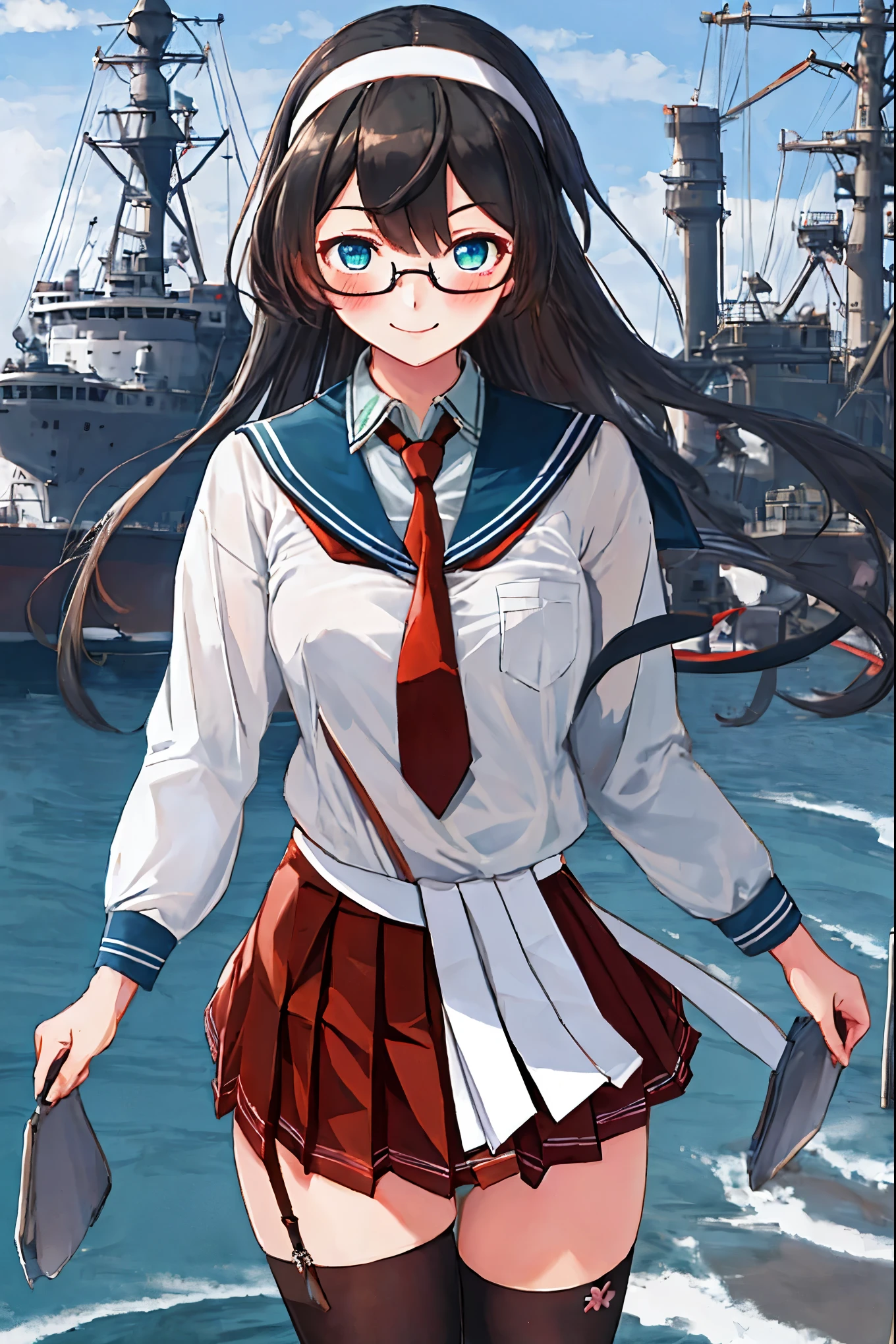 best quality, masterpiece, highres, solo, {ooyodo_kantaicollection:1.15}, black_hair, long_hair, glasses, hairband, semi-rimless_eyewear, under-rim_eyewear, blue_eyes, green_eyes, blush,small_breasts, 1girl, school_uniform, serafuku, pleats_skirt, looking_at_viewer, necktie, harbor_town_background, red_necktie,(angry:0.7),smile,,thigh-highs,solo