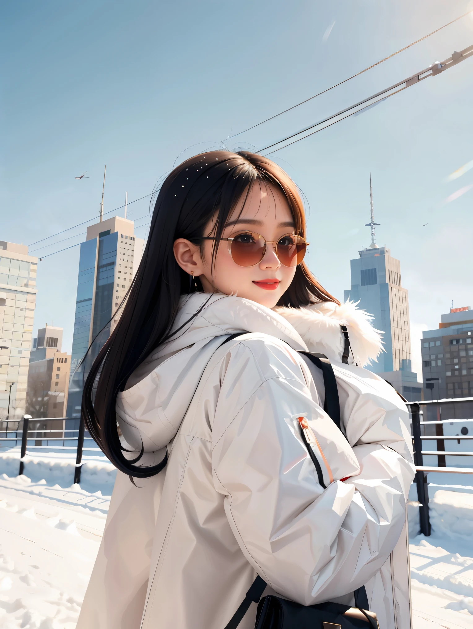 sam yang,, 1girl, animal, animal on shoulder, bird, black-framed eyewear, black eyes, black hair, blue sky, cityscape, clear sky, coat, day, earrings, eyewear hang, eyewear removed, fur coat, jacket, jewelry, long hair, looking to the side, outdoors, power lines, red lips, sky, smile, snow, solo, sunglasses, white bird, white coat, winter, winter clothes, , ((masterpiece))