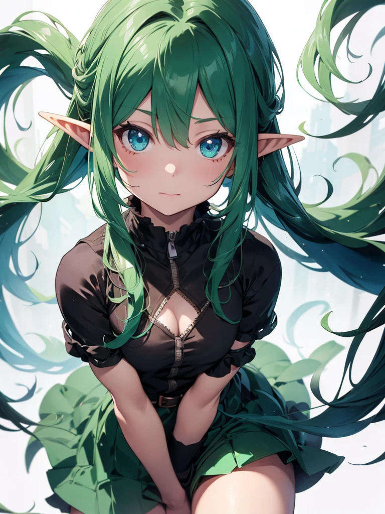 High resolution, 8k Ultra HD, (ink and painting), chocolate color and mint color mix hair elf girl,