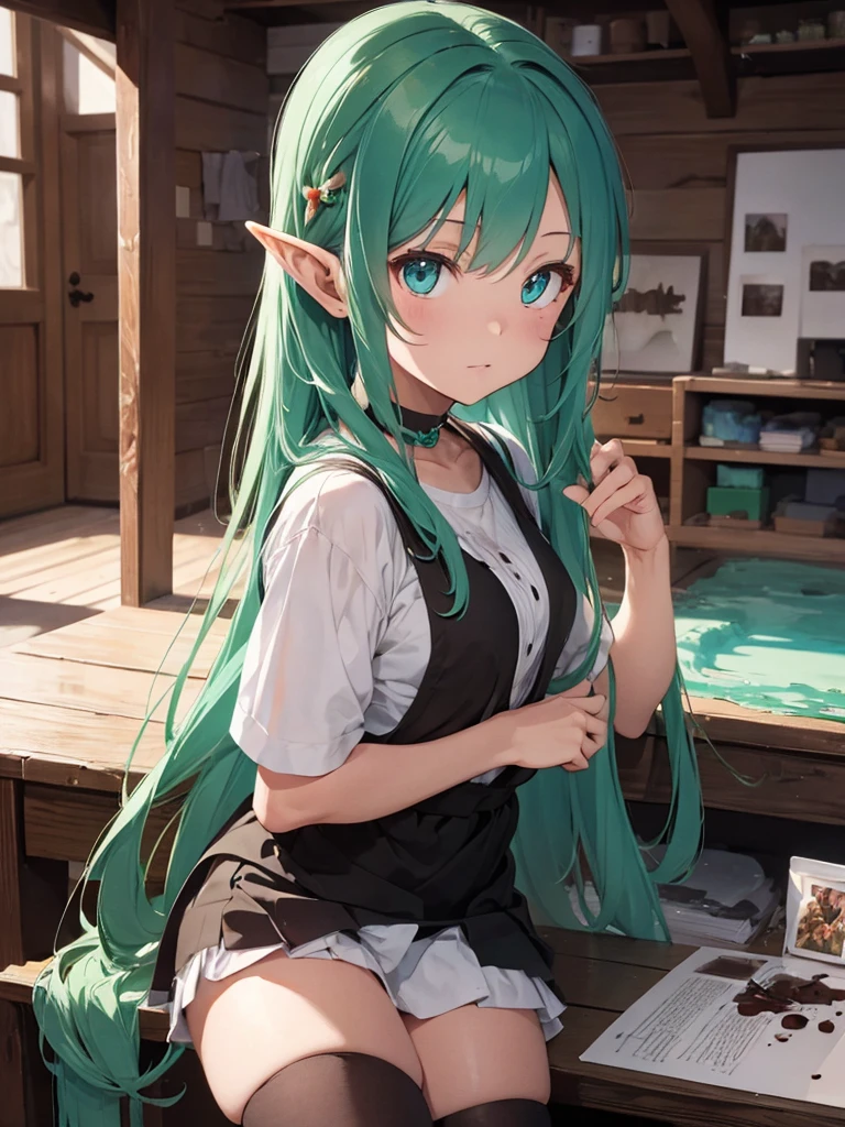 High resolution, 8k Ultra HD, (ink and painting), chocolate color and mint color mix hair elf girl,
