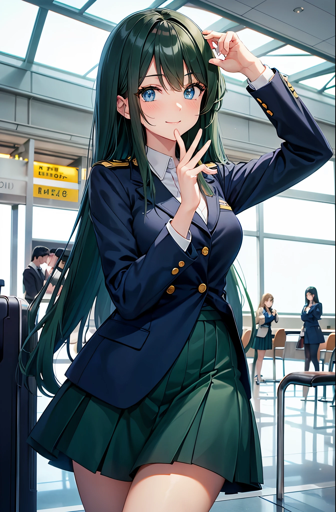 Voluminous dark green hair, dark green hair, long straight hair, big droopy eyes, blue eyes, looking at me shyly, sparkling eyes, focus on face, fresh smile, big droopy eyes, blue eyes, navy blue stewardess uniform, navy blue blazer, long skirt, greeting, over airport lobby Airplane background flying over airport lobby, . 5 fingers, both hands, high quality fingers, focus on face , 5 fingers, both hands. No shadow on background, high quality, No shadow on background, high quality, Focus on face.
