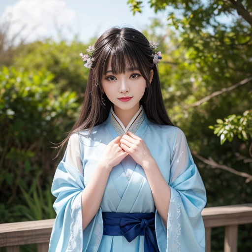 best quality, Delicate face,beautiful visual work, lifelike, eternity, black hair, Long curly hair, blunt bangs, Smile, Detailed Background, Delicate face,blush,cold,((masterpiece))、(top quality)、8k、high detail、Super detailed,31-year-old female,身穿唐制Hanfu、waist skirt, Clothes are light and fluffy,Hanfu, wide sleeves, Tunic, Clothes made of chiffon, Seductive and whimsical style、masterpiece、born、Scenes resembling fairy tale illustrations、intricate details和複雜的設計、Beautifully、magic、capricious、 Beautifully、Dream aesthetics、「𝓡𝓸𝓶𝓪𝓷𝓽𝓲𝓬、ethereal、charming、fickle、magic」、realism、Visual effects、FXAA、SSAO、Shader、voiceless、ambient lighting、Tone mapping、High resolution、Ultra high quality、Million pixels、(8K resolution:1.10)、8k、8k以下、8K resolution、high detail、intricate details, (high quality:1.2、masterpiece:1.2、:1.21)、(31-year-old female:1.21)、(興奮地Smile)、(被dream般的氛圍所包圍、Model diagram,full-body shot,Normal 2 feet,Cross your hands and hide them in your sleeves,You can clearly see that her breasts are very big inside the clothes, Big ,Chest G cup, antiquity, Xian Xia, gauze clothes, Soft and fluttering, Fairy, dream, fantasy, light, Elegant, nature, Immortal, light blue clothes