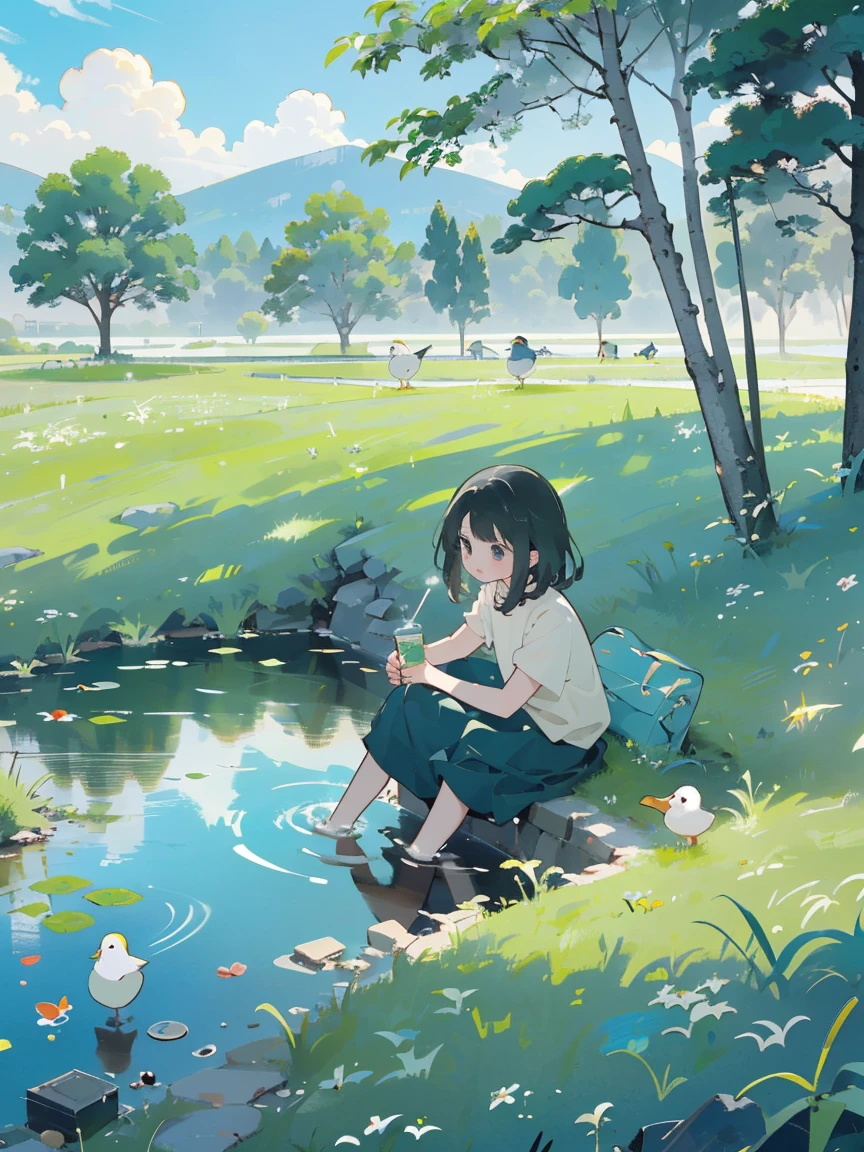 ((A girl sitting by the pond))，(Play in the fields, paddy，Cute ducks, Cute girls), Ghibli background style, Yuru Chara Style，Cute storybook illustrations, , 柔和的Light, cream, Giorgio Morandi colors, Thick Line Graph, Full color illustrations, Picnic in the forest, Cover Illustration, landscape，truck，Grassy fields，Grassy，plant，Natural Style, (Light:1.0)，masterpiece，best quality,