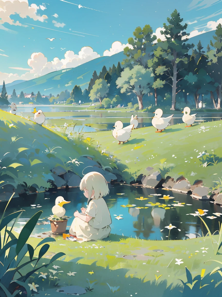 ((A girl sitting by the pond)),(Play in the fields, paddy,Cute ducks, Cute girls), Ghibli background style, Yuru Chara Style,Cute storybook illustrations, , 柔和的Light, cream, Giorgio Morandi colors, Thick Line Graph, Full color illustrations, Picnic in the forest, Cover Illustration, landscape,truck,Grassy fields,Grassy,plant,Natural Style, (Light:1.0),masterpiece,best quality,