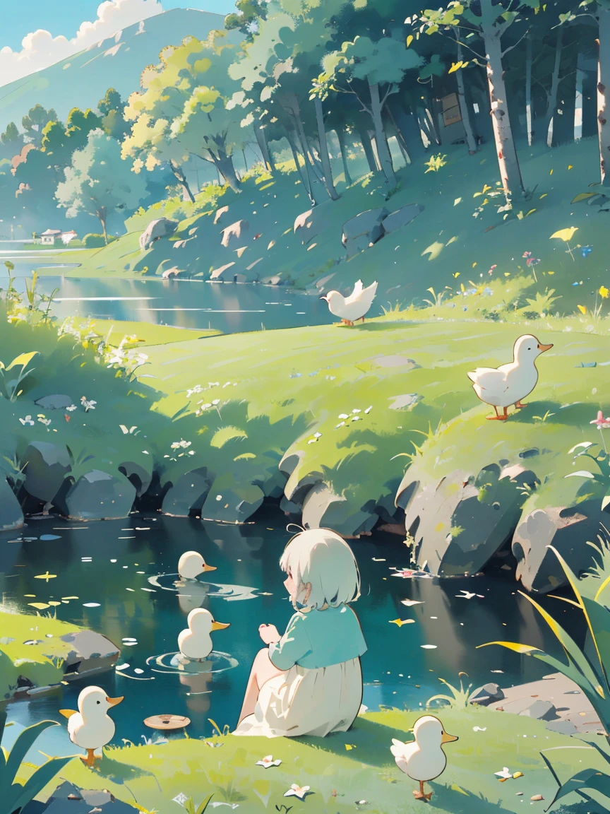 ((A girl sitting by the pond))，(Play in the fields, paddy，Cute ducks, Cute girls), Ghibli background style, Yuru Chara Style，Cute storybook illustrations, , 柔和的Light, cream, Giorgio Morandi colors, Thick Line Graph, Full color illustrations, Picnic in the forest, Cover Illustration, landscape，truck，Grassy fields，Grassy，plant，Natural Style, (Light:1.0)，masterpiece，best quality,