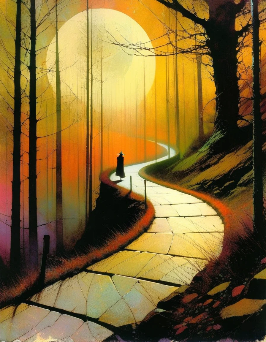 winding path, art inspired by Bill Sienkiewicz and dave mckean
