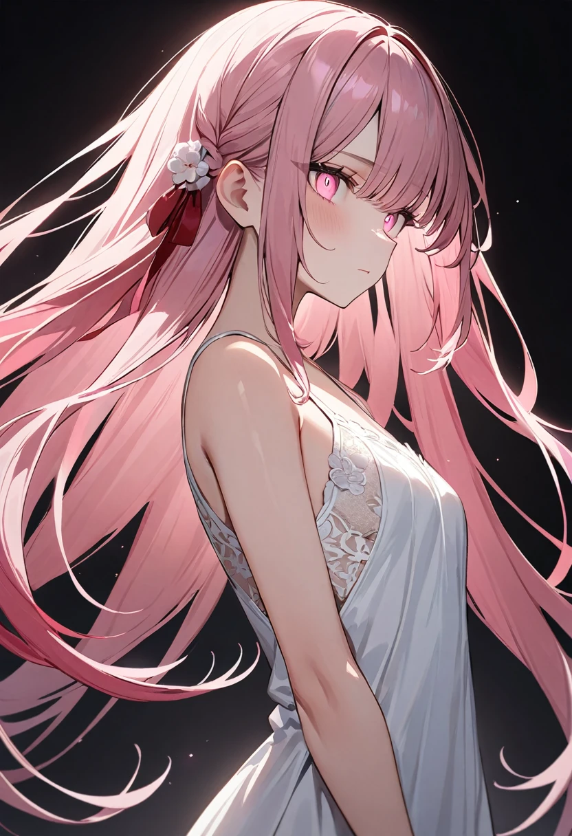 (masterpiece, top quality, very aesthetic, 4k、illustration), intricate detail, 1woman,from side、solo,contrapposto 、Strong glowing eyes、,(cowboy shot)、、(),beautiful face、expressionless、straight hair、(fluorescence pink gradient hair)、multicolored hair,hair ribbon,middle hair,sidelock ,レッド eyes、white lace camisole Dresses、small breasts、Slim 、white background