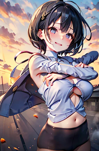 (Cute older sister:1.3)、Long eyelashes、smile,Spring atmosphere、noon、Aggressive、hot、((Strong winds))、Black Pantyhose、Shining Eyes、sneeze、pollen,Big Breasts