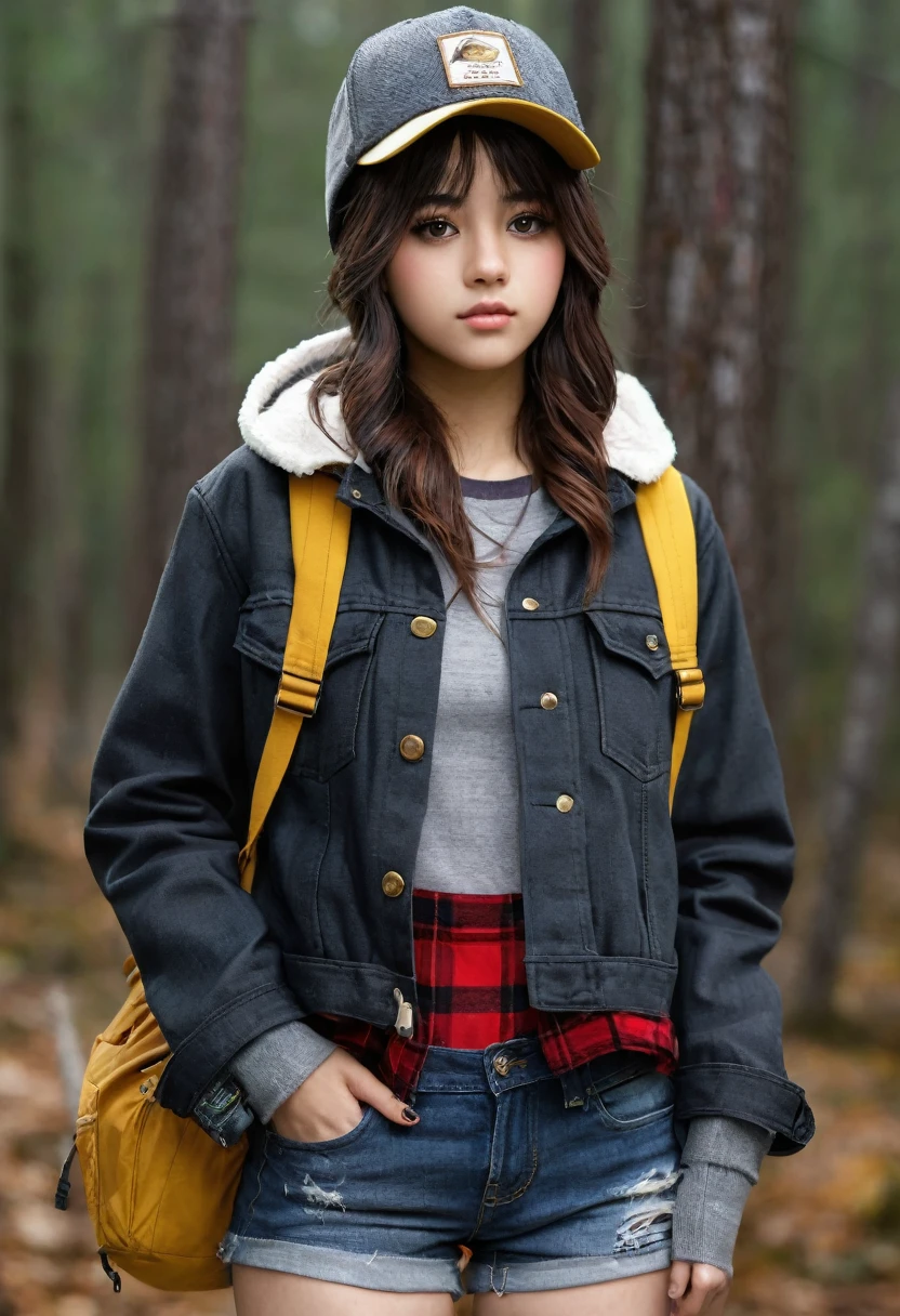 Generar, 19 year old girl, slim build but with a considerable size of 2 chests, cabello oscuro y ojos amarillos, y un gorro en la cabeza de color blanco, usar falda gris, lumberjack jacket, cuerpo completo, art anime