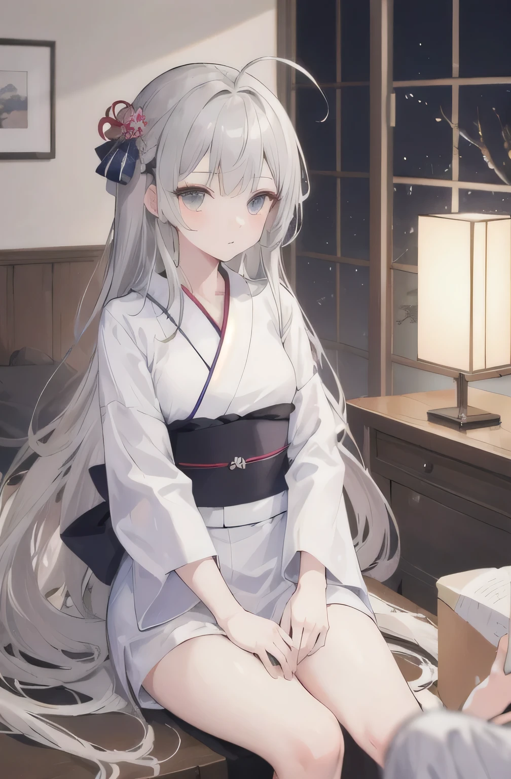 ((masterpiece, Highest quality)), (One Girl), (alone), (Focus on women), (Ahoge, Gray Hair, Very long hair)yukata