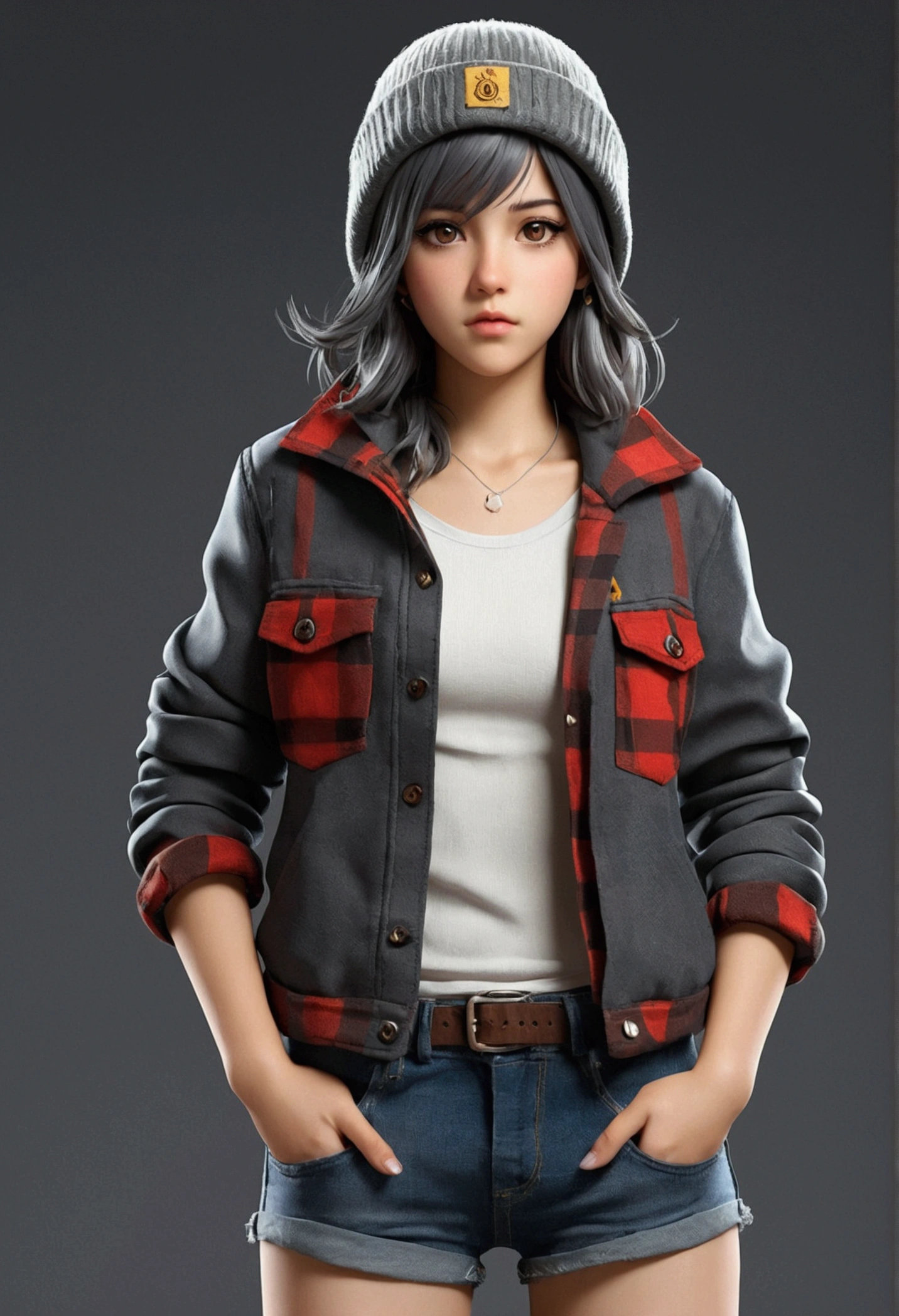 Generar, 19 year old girl, slim build but with a considerable size of 2 chests, cabello oscuro y ojos amarillos, y un gorro en la cabeza de color blanco, usar falda gris, lumberjack jacket, cuerpo completo, art anime