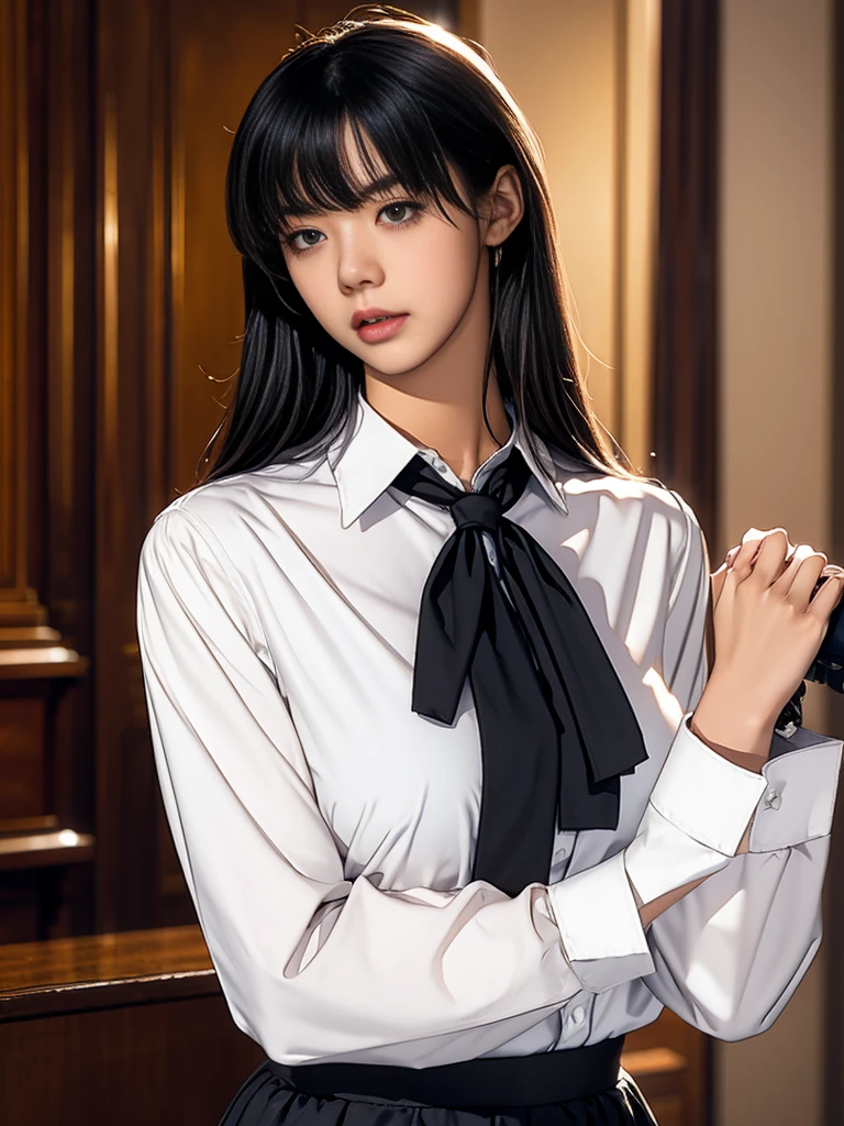 1girl, solo, long hair, looking at viewer, bangs, skirt, shirt, black hair, long sleeves, holding, closed mouth, white shirt, upper body, weapon, necktie, day, collared shirt, indoors, holding weapon, blurry, black eyes, lips, gun, blurry background, holding gun, black necktie, handgun, sleeves rolled up, aiming, aiming at viewer