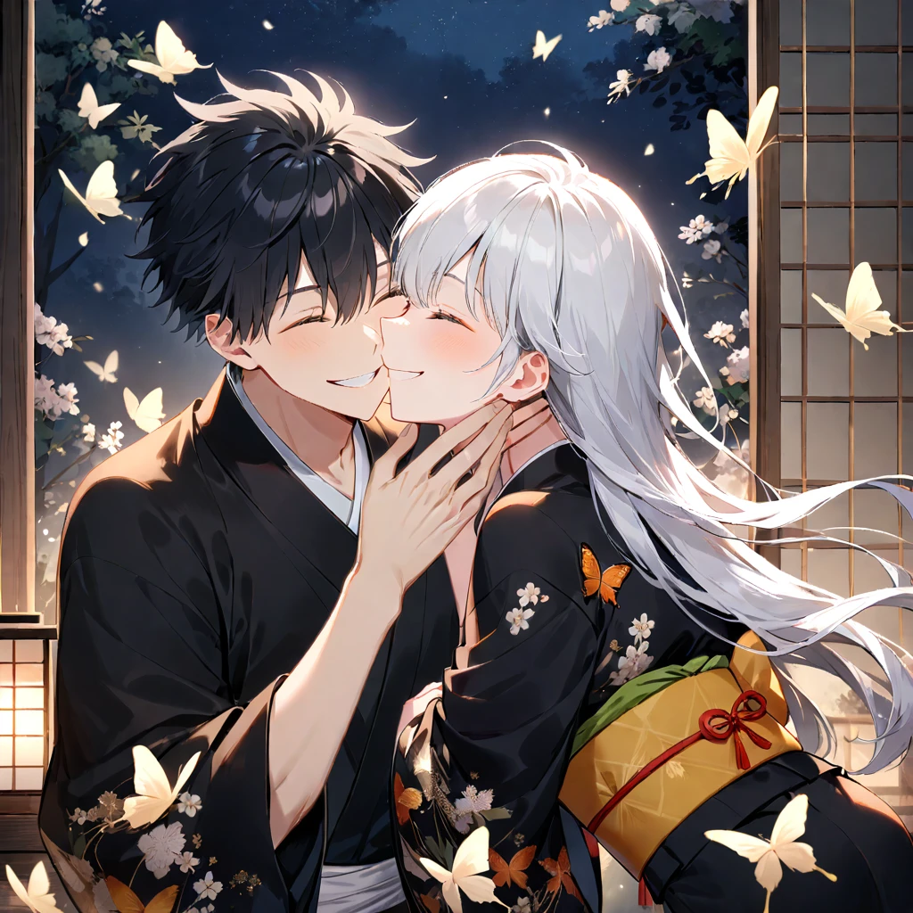 1girl, 1boy, gojou satoru, closed eyes, butterfly, white hair, bug, black hair, long hair, hetero, smile, night, short hair, black kimono, japanese clothes, hand on another's face, couple, ((medium quality)), ((medium quality))