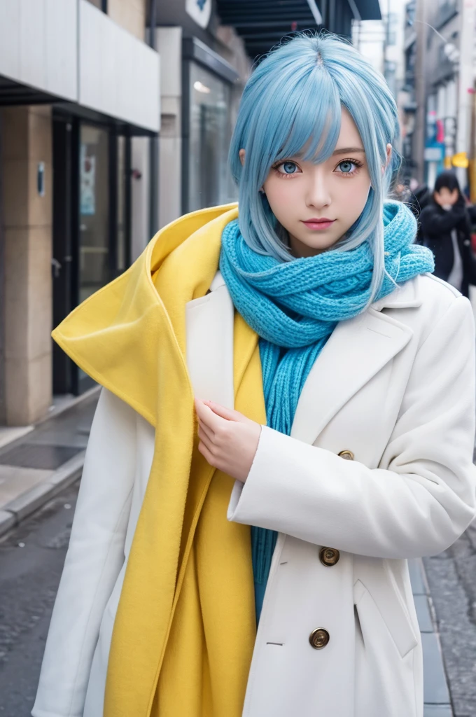 anime、female、Light blue hair、Yellow Eyes、Cream scarf Blue coat、10th Generation