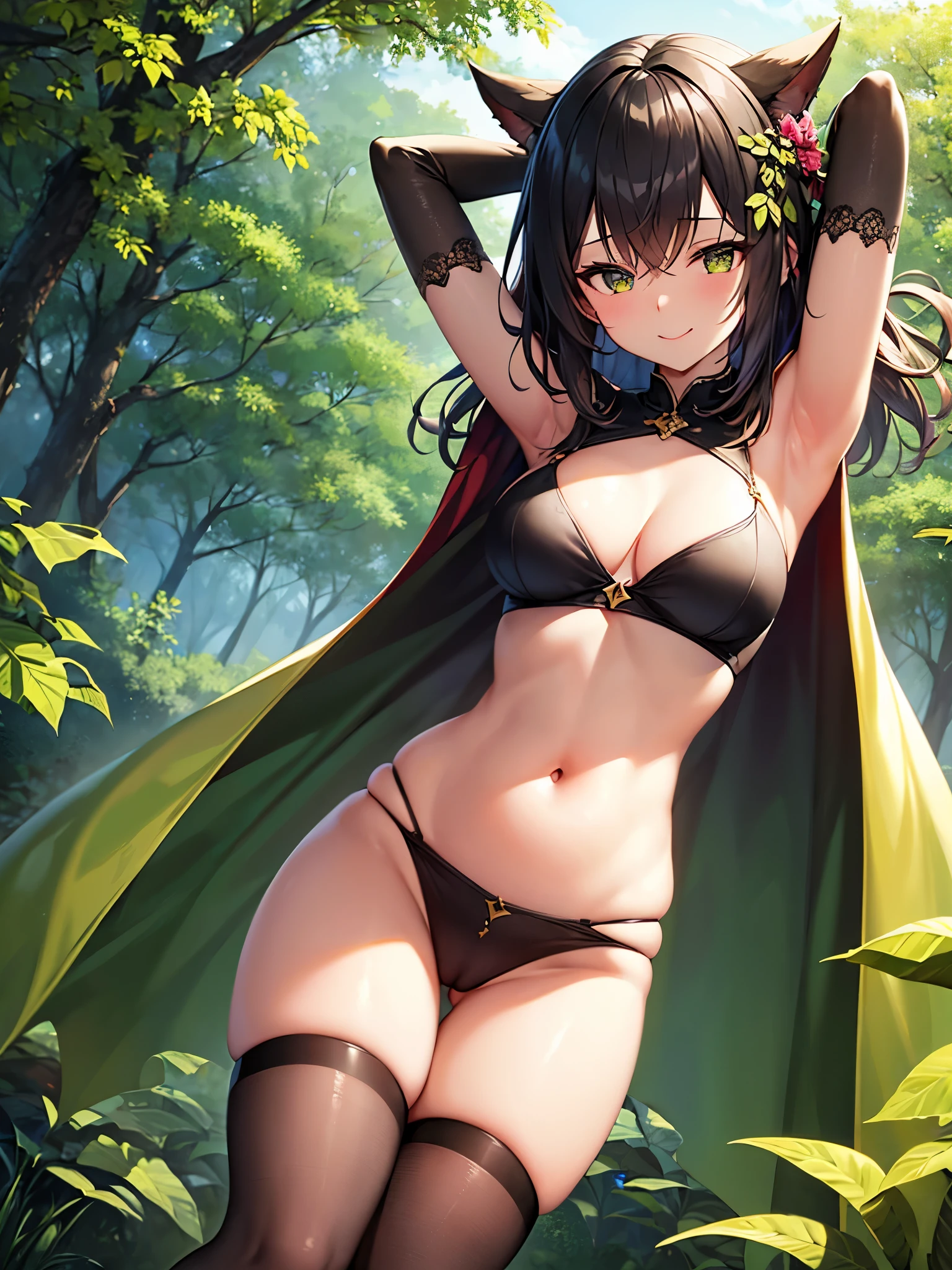 fantasy, 1forest_elemental_girl, (dark_skin)0.9, (using_leaves_clothes, green_leaves_covered_breasts, leaves_covered_pussy),large_breasts, walking, (smile, sleepy)+, medium_hair, navel, oil, (winding_vine_around_torso)++, forest_background, leaves_headgear, green_leaves_cape,armpits, spread_arms, large_staff, thighhighs, plump,solo