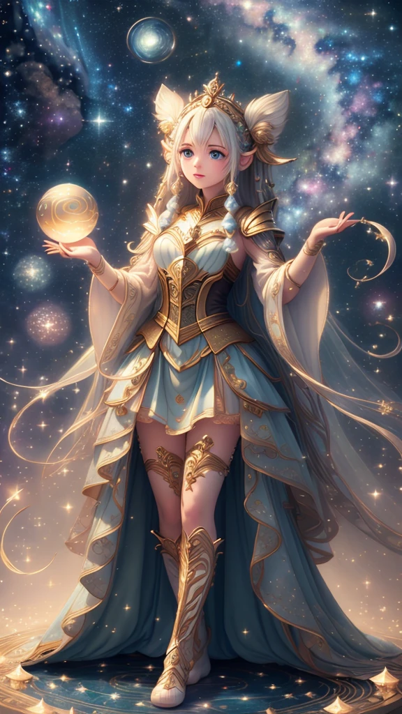 (masterpiece、Highest quality、Highest quality、Beautiful and beautiful:1.2)、Highest Resolution、8k、The delicate story of a girl with milky white hair、Beautiful eyes looking up at the starry sky、Astrologer costume、The best move、Wrapping up、Fog rising from the feet、flash、Illumination、12 Zodiac Signs、Going around、Standing at the entrance to the ground labyrinth、Interpreting the Starry Sky、Luminous Splash in Both Hands、Overflowing、lime、Beautiful 3D、Deep Background