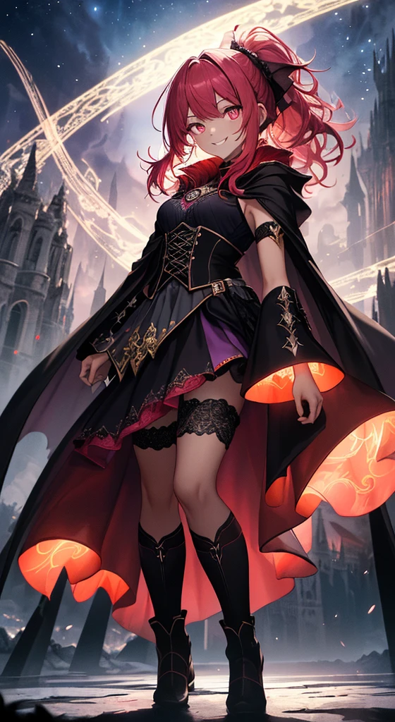(Highest quality), (High resolution), (masterpiece), (Very detailed), Long Hair,Red Hair,Curly Ponytail,Pink eyes, Medium chest, One Girl, Silky skin, Glowing Skin,(Fantasy style costumes, Black cloak, White sleeveless jacket, Black checked skirt, Detachable black lace sleeves, Black lace high knee socks, Magical Longstuff), Front view, (Bright saturation), Show the whole body, Detailed Background, Night Sky, magic circle, Cool smile, Fire effect