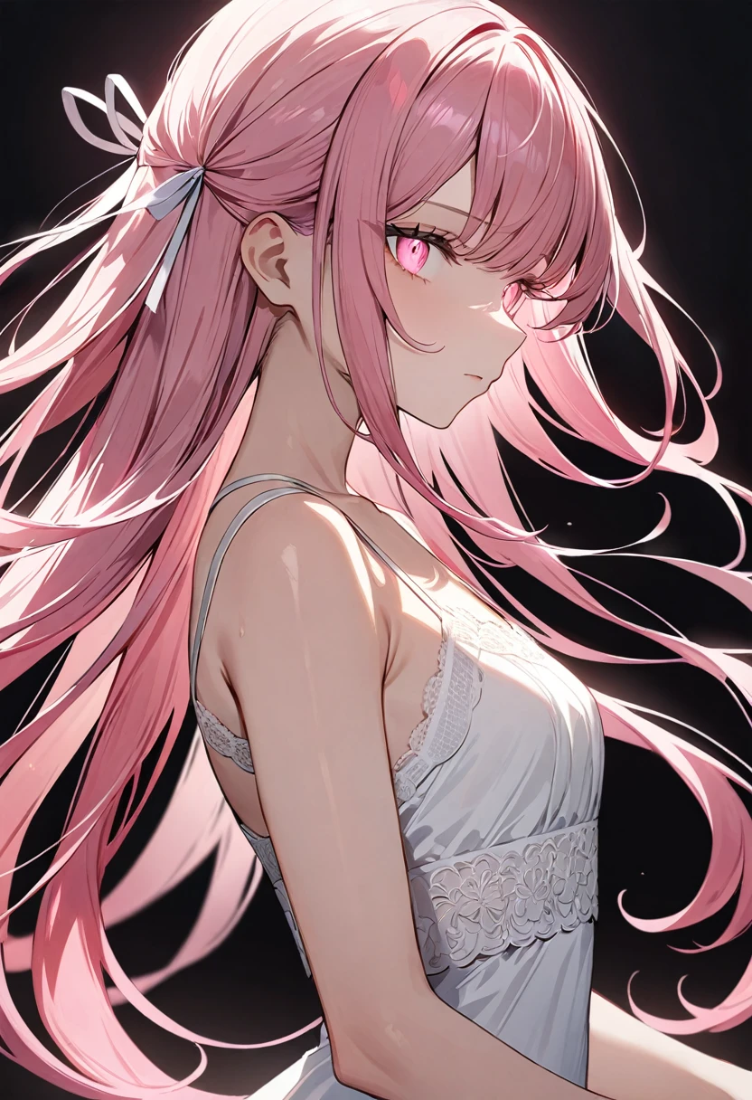 (masterpiece, top quality, very aesthetic, 4k、illustration), intricate detail, 1woman,from side、solo,contrapposto 、Strong glowing eyes、,(cowboy shot)、、(),beautiful face、expressionless、straight hair、(fluorescence pink gradient hair)、multicolored hair,hair ribbon,middle hair,sidelock ,レッド　eyes、white lace camisole Dresses、small breasts、Slim 、white background