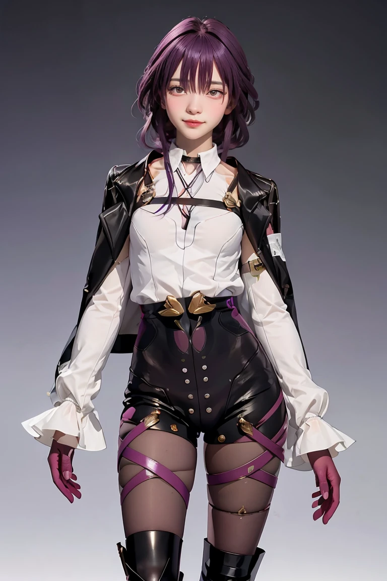 masterpiece, best quality, 1girl, KafkaV4, shirt, white shirt, jacket, purple hair, long sleeves, eyewear on head, sunglasses, boots, gloves, pantyhose, cowboy shot, standing, gradient background, spaceship, closed mouth, smile, looking at viewer, 
