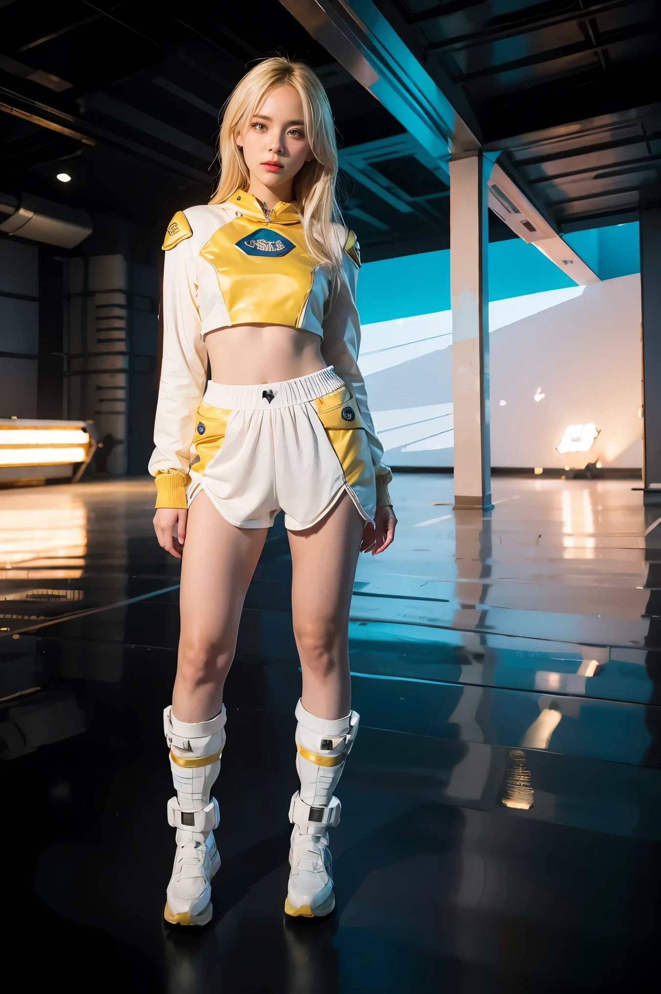 (young girl, 12 years old, blond hair, photorealistic, pale skin), (yellow (eyes:1.2)), (slim build:1.3), (fantasy space suit), beautiful face, symmetrical face, Greg Rutkowski, wlop and Sam Kuvshinov, (long hair), blond eyelashes, large iris, large pupil, full body, standing on the background of the cosmodrome, artstation, 8k, science fiction, pastel colors, props, panel, concept, futuristic, gribble, simon stalenhag, space, in outer space, a spaceship in the sky, technological blocks