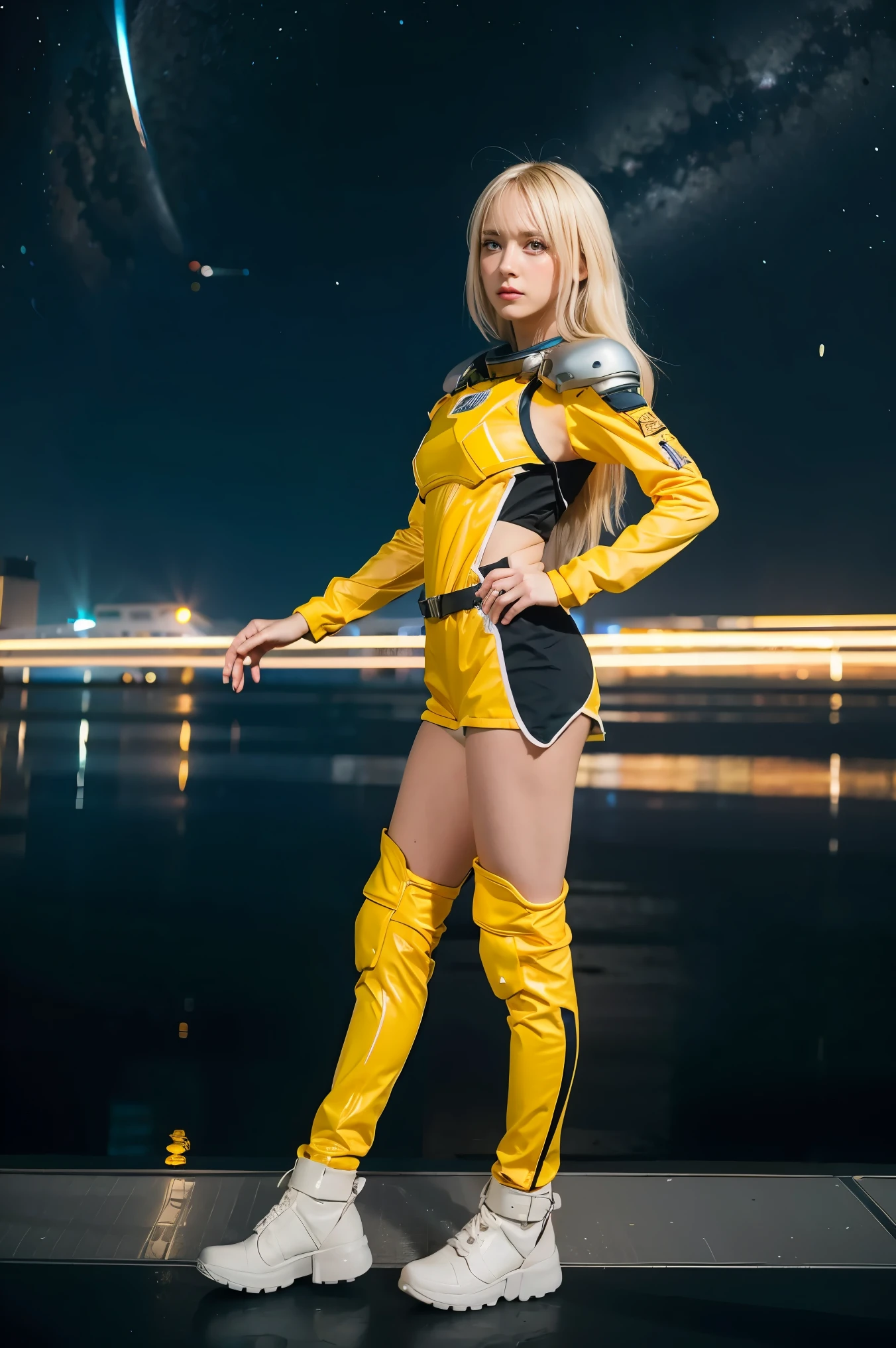 (young girl, 12 years old, blond hair, photorealistic, pale skin), (yellow (eyes:1.2)), (slim build:1.3), (fantasy space suit), beautiful face, symmetrical face, Greg Rutkowski, wlop and Sam Kuvshinov, (long hair), blond eyelashes, large iris, large pupil, full body, standing on the background of the cosmodrome, artstation, 8k, science fiction, pastel colors, props, panel, concept, futuristic, gribble, simon stalenhag, space, in outer space, a spaceship in the sky, technological blocks