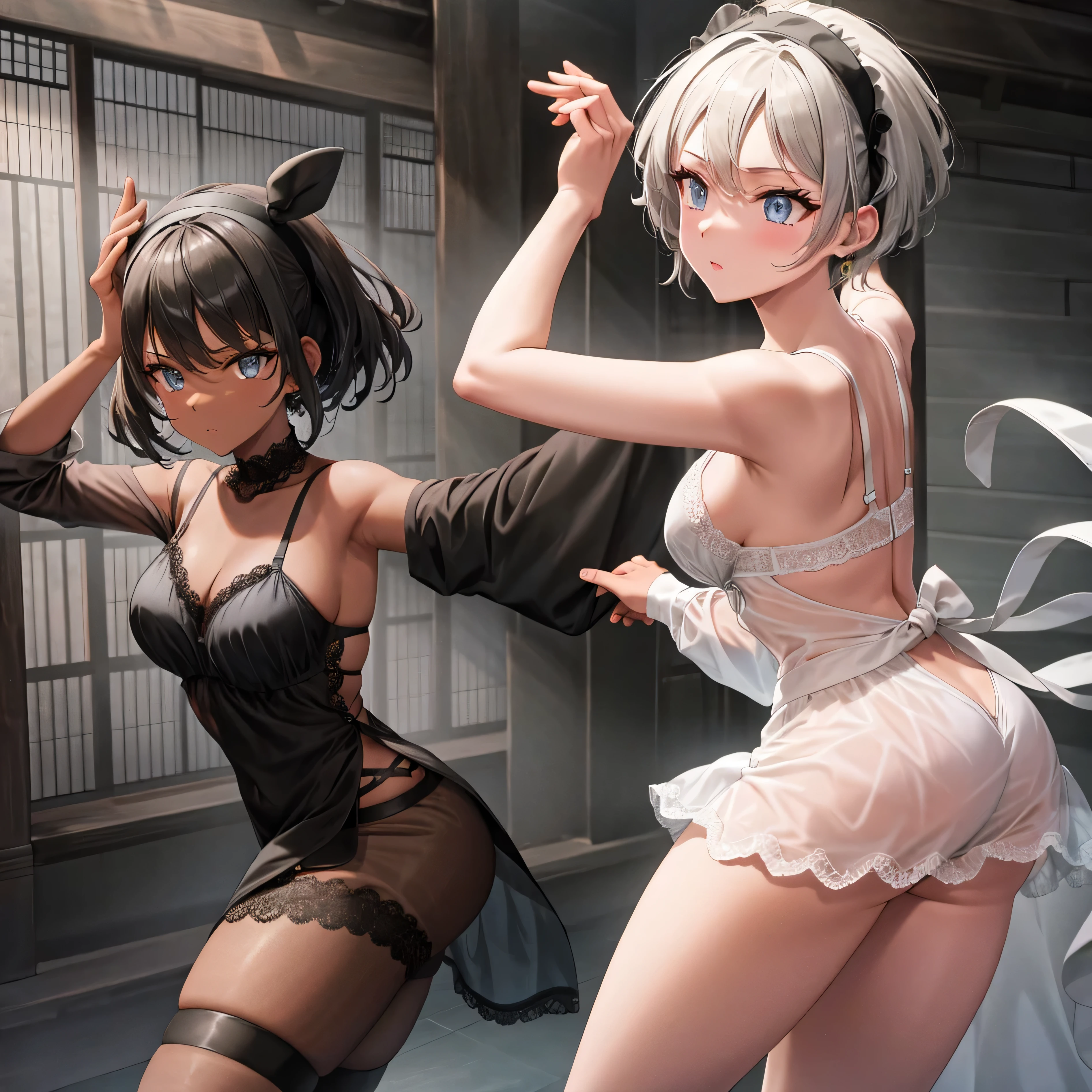 masterpiece, best quality, detailed, 1girl, solo, pov, bea pokemon, black hairband, dark-skinned female, hair between eyes, grey hair, short hair, grey eyes, (intricate lace lingerie, black lingerie), black lace thigh-highs, black lace elbow gloves, DOJO,