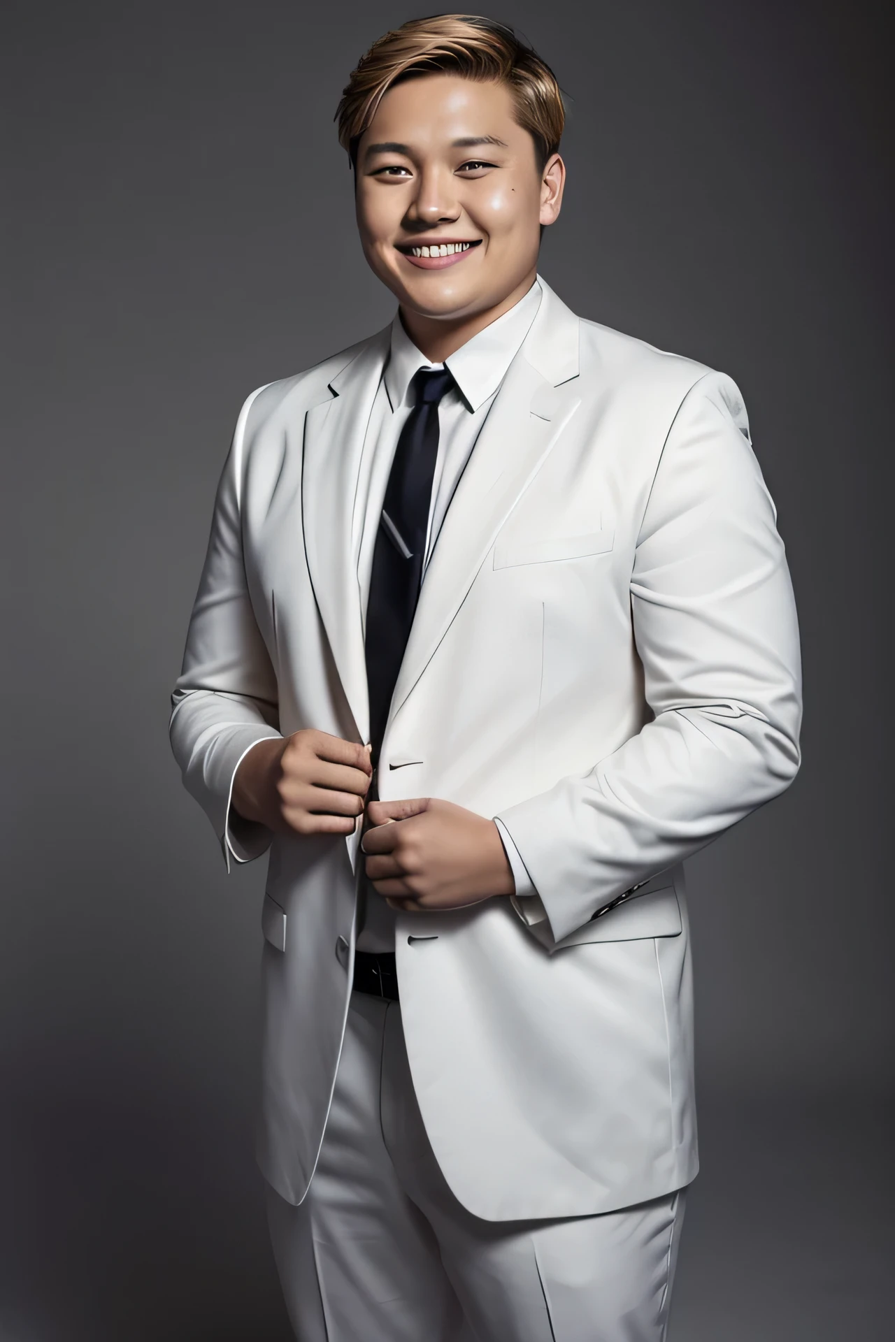 Ned Leeds, Blonde hair, masculine man, white uniform shirt, red uniform tie, grey uniform coat, 1962 black and white style picture, Ned Leeds smiling, shaved