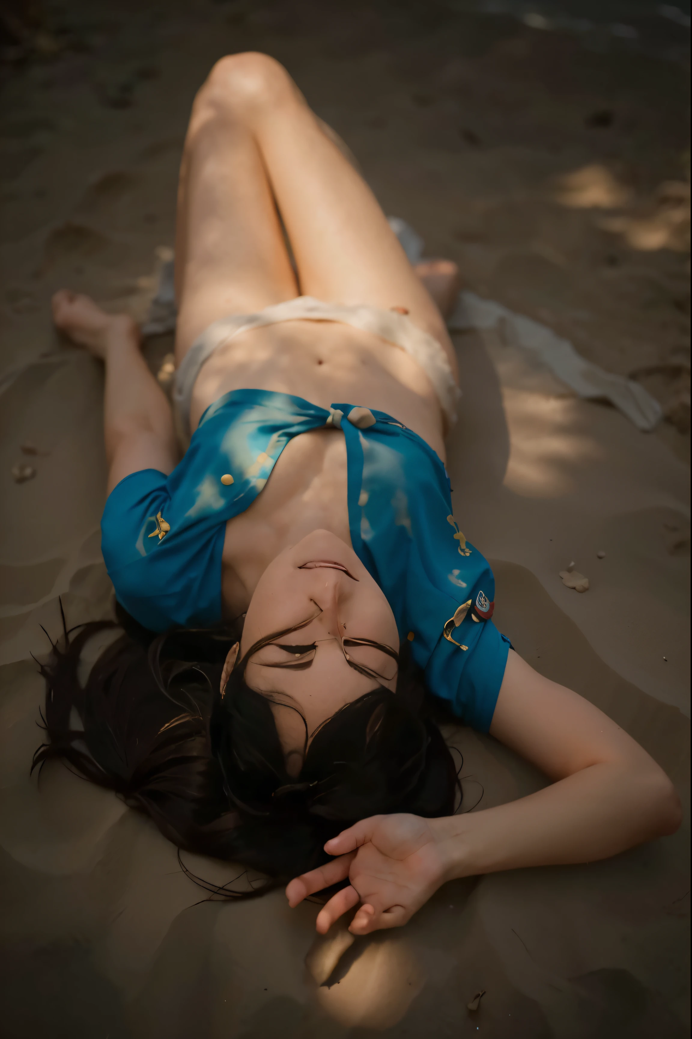 (Best quality, 8k, 32k, Masterpiece, UHD:1.2) "Transform the current setting into a serene beach scene, with soft, golden sand stretching out to meet the gentle waves of a sparkling blue ocean. The sky should be clear, with the warm sun casting a soft glow over everything. In the foreground, Nico Robin from 'One Piece' lays gracefully at the sands and water, her signature calm and composed expression evident. She is wearing her casual summer outfit, possibly a swimsuit or beach attire, with her long dark hair flowing gently in the breeze. Surround her with a few tropical elements like palm trees, seashells, and perhaps a Straw Hat Pirates' jolly roger flag fluttering in the background. The overall atmosphere should be peaceful and relaxing, capturing Robin's love for exploration and the ocean."