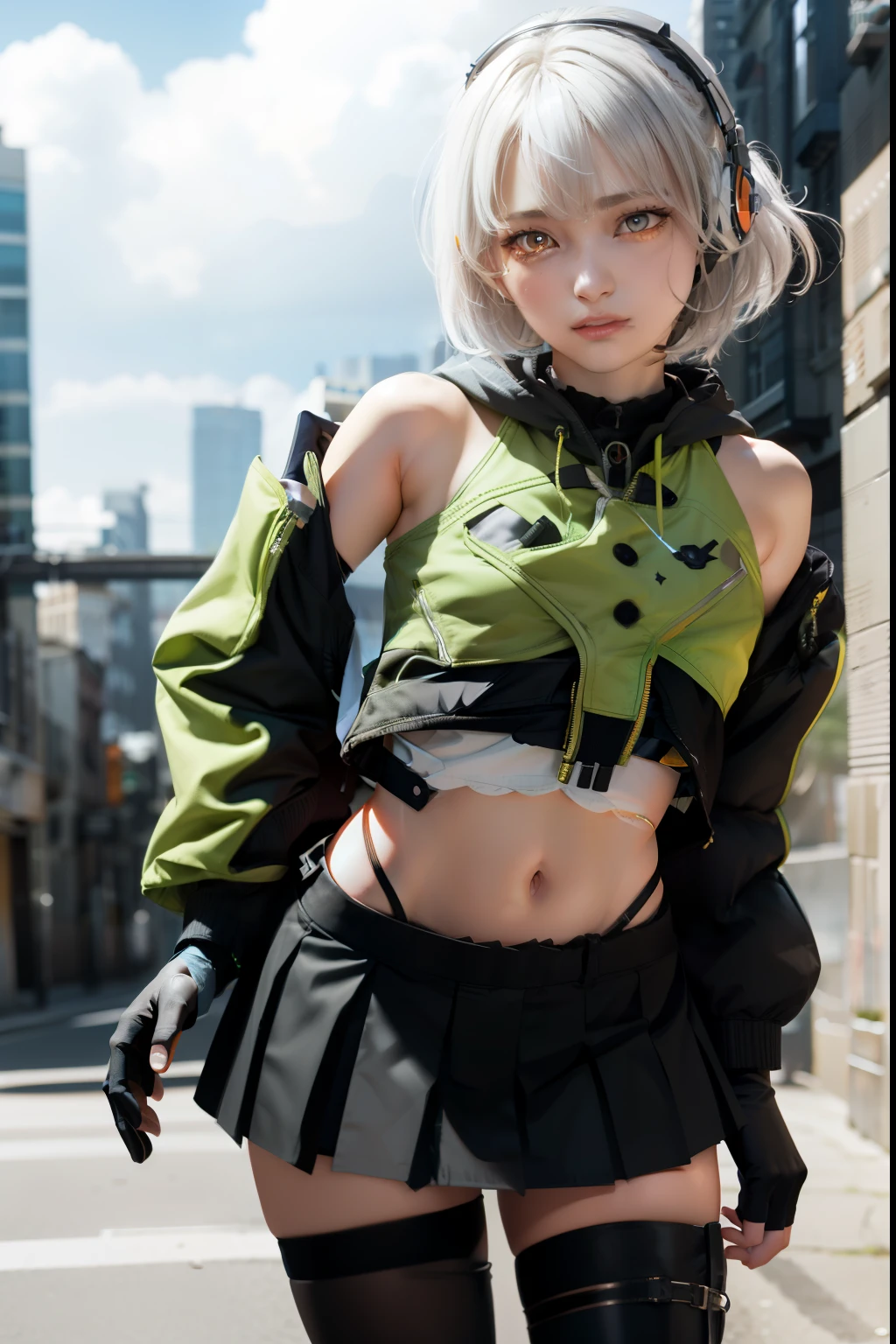 anbydemara, anby demara, (orange eyes:1.5), short hair, white hair,
BREAK bare shoulders, black gloves, black skirt, black thighhighs, fingerless gloves, gloves, green jacket, headphones, jacket, navel, skirt, stomach, thighhighs,
BREAK outdoors, city, sky, clouds, sun, buildings, crowd, people, alley,
BREAK looking at viewer, (cowboy shot:1.5),
BREAK (masterpiece:1.2), best quality, high resolution, unity 8k wallpaper, (illustration:0.8), (beautiful detailed eyes:1.6), extremely detailed face, perfect lighting, extremely detailed CG, (perfect hands, perfect anatomy),