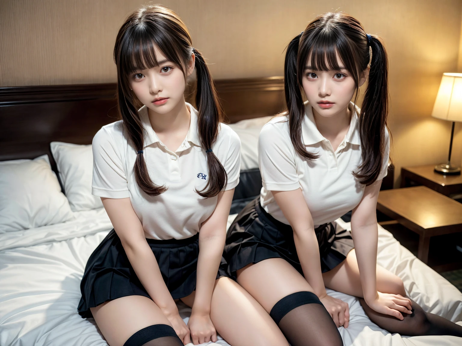 masterpiece, best quality, illustration, Super detailed, fine details, High resolution, 8K,wall paper, perfect dynamic composition,(Details High quality, realistic depiction of eyes:1.3), (2 girls), (collared polo shirt), pleated skirt, knee high socks, twin tails,  in a hotel room in the background, deep on field, large breasts, black hair color, Big Natural Color Lip, (perfect body shape), crying a little、Harajuku style、20 year old girl、cute type、beautiful legs, Gravure Idol