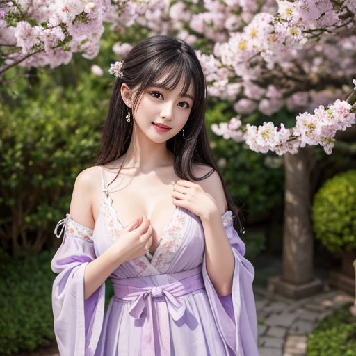 best quality, Delicate face,beautiful visual work, lifelike, eternity, black hair, Long curly hair, blunt bangs, Smile, Detailed Background, Delicate face,blush,cold,((masterpiece))、(top quality)、8k、high detail、Super detailed,31-year-old female,身穿唐制Hanfu、waist skirt, Clothes are light and fluffy,Hanfu, wide sleeves, Transparent sleeves, Tunic, Clothes made of chiffon, Seductive and whimsical style、masterpiece、born、Scenes resembling fairy tale illustrations、intricate details和複雜的設計、Beautifully、magic、capricious、 Beautifully、Dream aesthetics、「𝓡𝓸𝓶𝓪𝓷𝓽𝓲𝓬、ethereal、charming、fickle、magic」、realism、Visual effects、FXAA、SSAO、Shader、voiceless、ambient lighting、Tone mapping、High resolution、Ultra high quality、Million pixels、(8K resolution:1.10)、8k、8k以下、8K resolution、high detail、intricate details, (high quality:1.2、masterpiece:1.2、:1.21)、(31-year-old female:1.21)、(興奮地Smile)、(被dream般的氛圍所包圍、Model diagram,full-body shot,Normal 2 feet,Put your hands behind you,The protrusion of the breast is visible when wearing clothes, Large Breasts, H cup chest, antiquity, Xian Xia, gauze clothes, Soft and fluttering, Fairy, dream, fantasy, light, Elegant, nature, Immortal, romantic, classical, ribbon, light purple clothes
