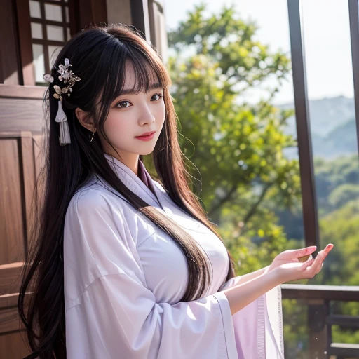 best quality, Delicate face,beautiful visual work, lifelike, eternity, black hair, Long curly hair, blunt bangs, Smile, Detailed Background, Delicate face,blush,cold,((masterpiece))、(top quality)、8k、high detail、Super detailed,31-year-old female,身穿唐制Hanfu、waist skirt, Clothes are light and fluffy,Hanfu, wide sleeves, Transparent sleeves, Tunic, Clothes made of chiffon, Seductive and whimsical style、masterpiece、born、Scenes resembling fairy tale illustrations、intricate details和複雜的設計、Beautifully、magic、capricious、 Beautifully、Dream aesthetics、「𝓡𝓸𝓶𝓪𝓷𝓽𝓲𝓬、ethereal、charming、fickle、magic」、realism、Visual effects、FXAA、SSAO、Shader、voiceless、ambient lighting、Tone mapping、High resolution、Ultra high quality、Million pixels、(8K resolution:1.10)、8k、8k以下、8K resolution、high detail、intricate details, (high quality:1.2、masterpiece:1.2、:1.21)、(31-year-old female:1.21)、(興奮地Smile)、(被dream般的氛圍所包圍、Model diagram,full-body shot,Normal 2 feet,Put your hands behind you,The protrusion of the breast is visible when wearing clothes, Large Breasts, H cup chest, antiquity, Xian Xia, gauze clothes, Soft and fluttering, Fairy, dream, fantasy, light, Elegant, nature, Immortal, romantic, classical, ribbon, light purple clothes