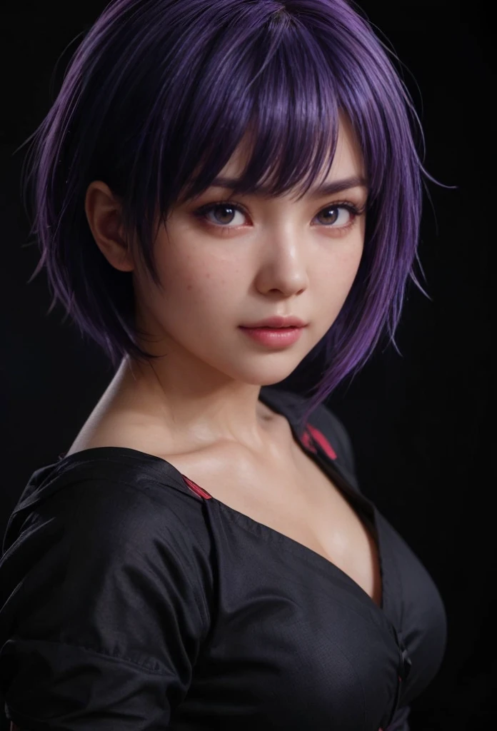 Ayane, purple hair, red eyes, (best quality, ultra-detailed), (realistic:1.37), beautiful and detailed face, ultra-realistic texture, delicate face, delicate body, red lipstick, long-lasting colors. high definition, 8K. expression with a sexy look