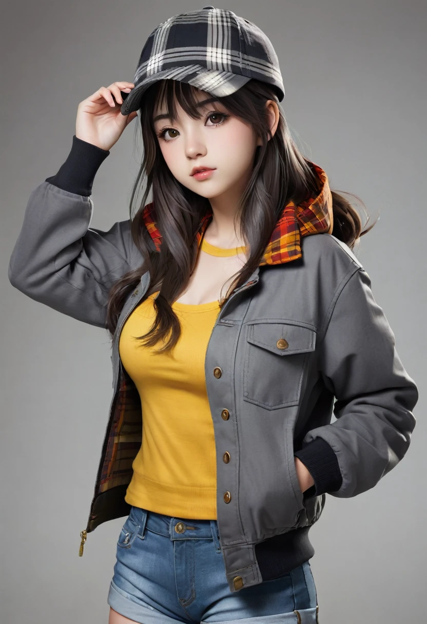Generar, 19 year old girl, slim build but with a considerable size of 2 chests, cabello oscuro y ojos amarillos, y un gorro en la cabeza de color blanco, usar falda gris, lumberjack jacket, cuerpo completo, art anime