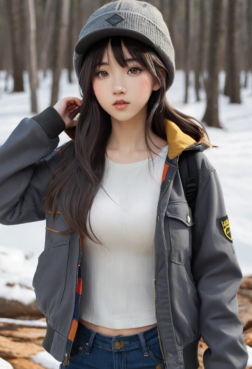 Generar, 19 year old girl, slim build but with a considerable size of 2 chests, cabello oscuro y ojos amarillos, y un gorro en la cabeza de color blanco, usar falda gris, lumberjack jacket, cuerpo completo, art anime
