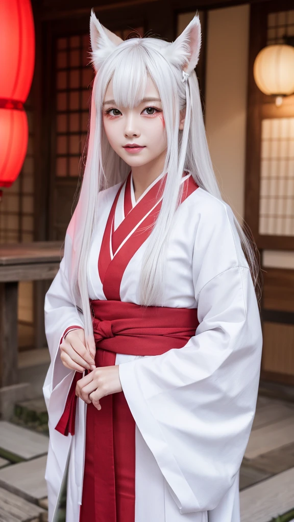 White Demon Fox、Nine-tailed Fox、Japanese women、kimono、Fair skin、Red lines on face、8K、I have long hair
