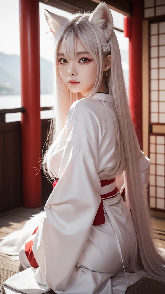 White Demon Fox、Nine-tailed Fox、Japanese women、kimono、Fair skin、Red lines on face、8K、I have long hair