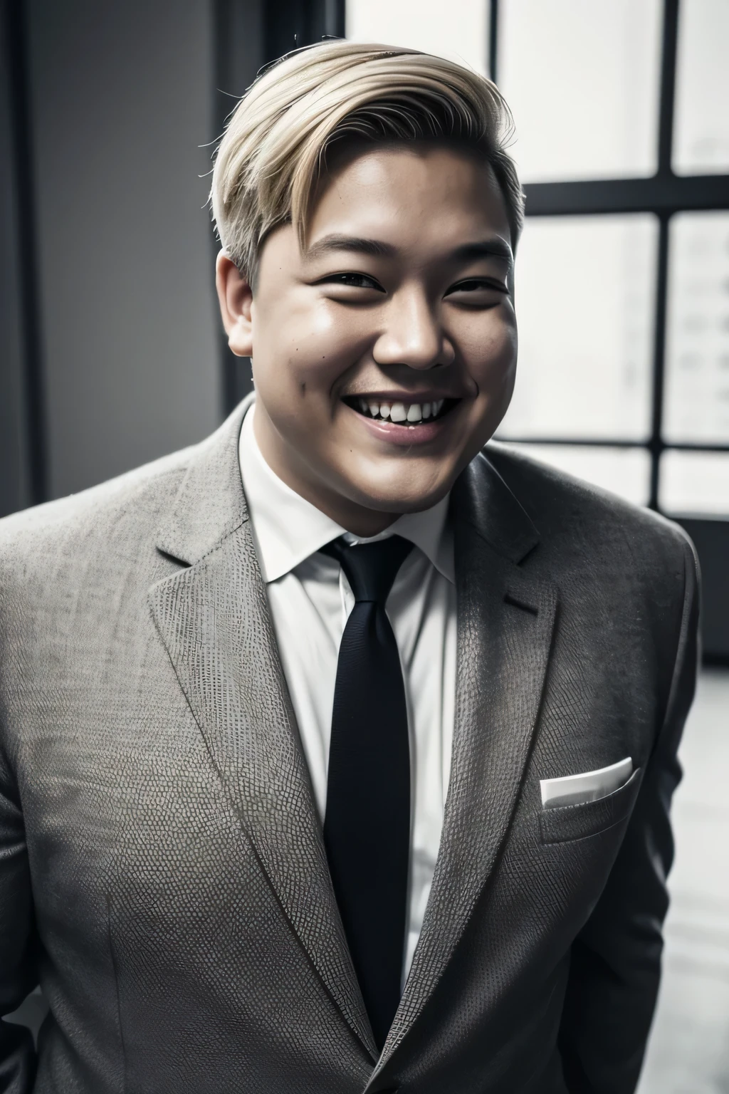 Ned Leeds, Blonde hair, masculine man, white uniform shirt, red uniform tie, grey uniform coat, 1962 black and white style picture, Ned Leeds smiling, shaved