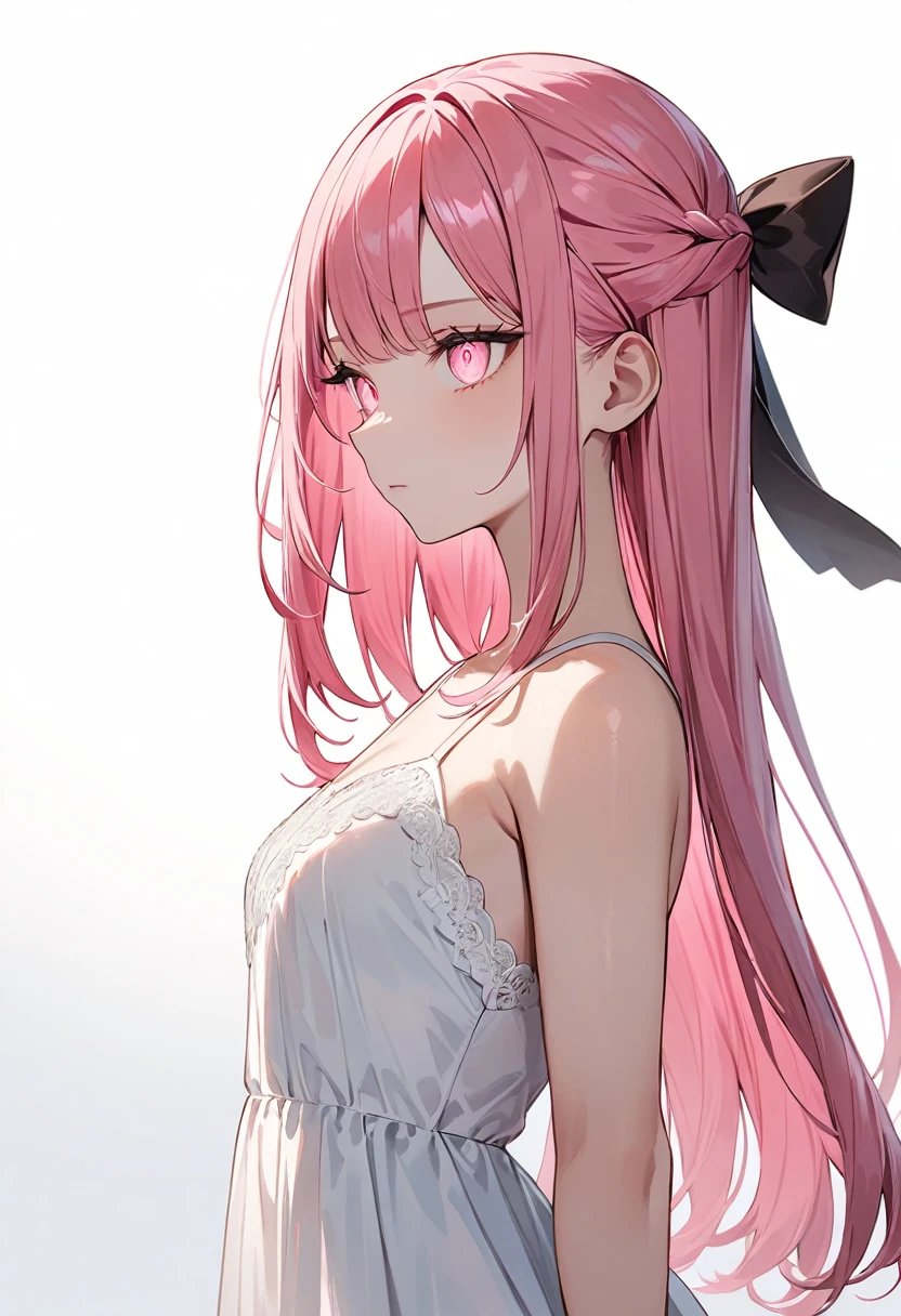 (masterpiece, top quality, very aesthetic, 4k、illustration), intricate detail, 1woman,from side、solo,contrapposto 、Strong glowing eyes、,(cowboy shot)、、(),beautiful face、expressionless、straight hair、(fluorescence pink gradient hair)、multicolored hair,hair ribbon,middle hair,sidelock ,レッド　eyes、white lace camisole Dresses、small breasts、Slim 、white background