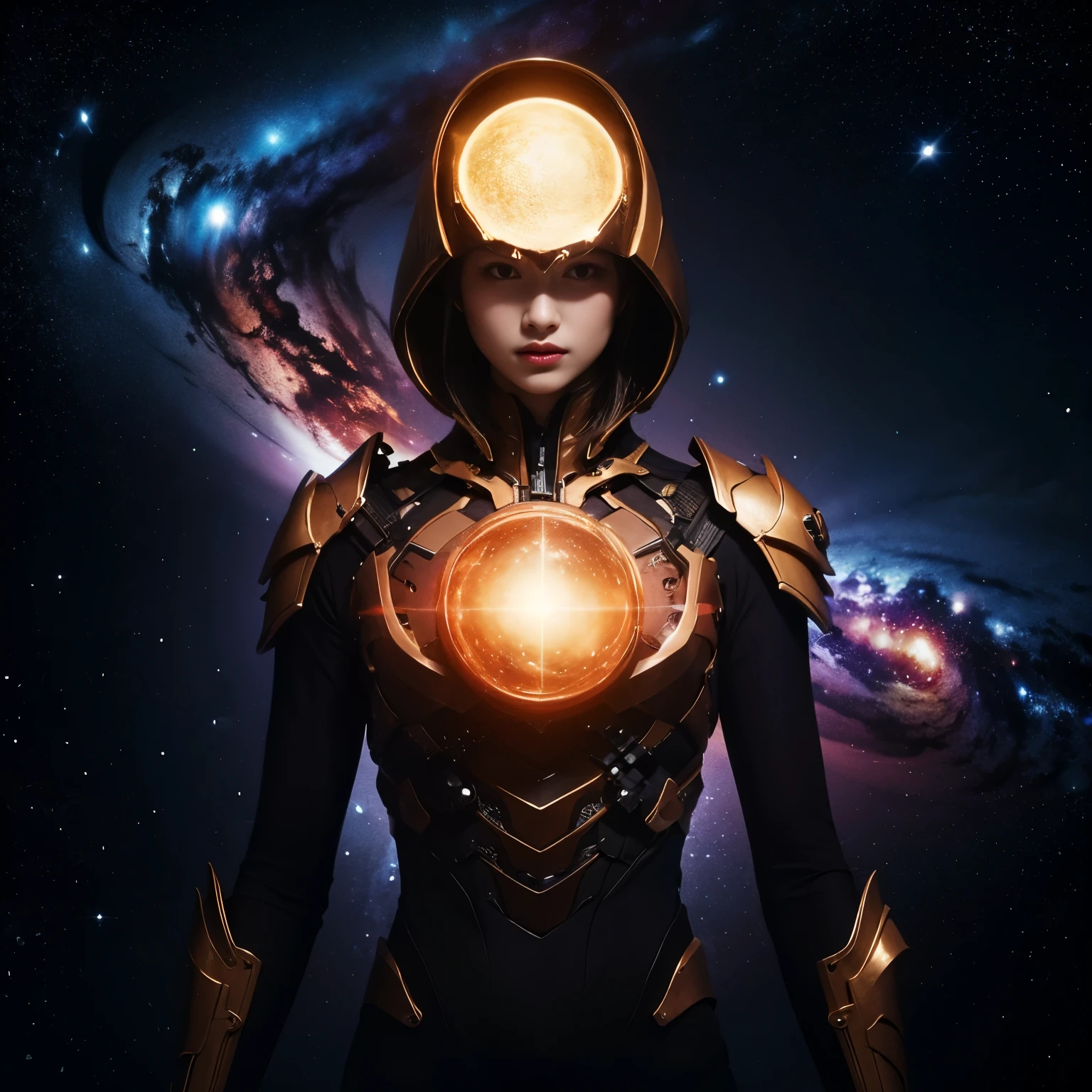 A creature with a humanoid outline made of cosmic matter, There is a black hole in the middle of the chest, Half Body, masterpiece, high quality, Solo leveling style