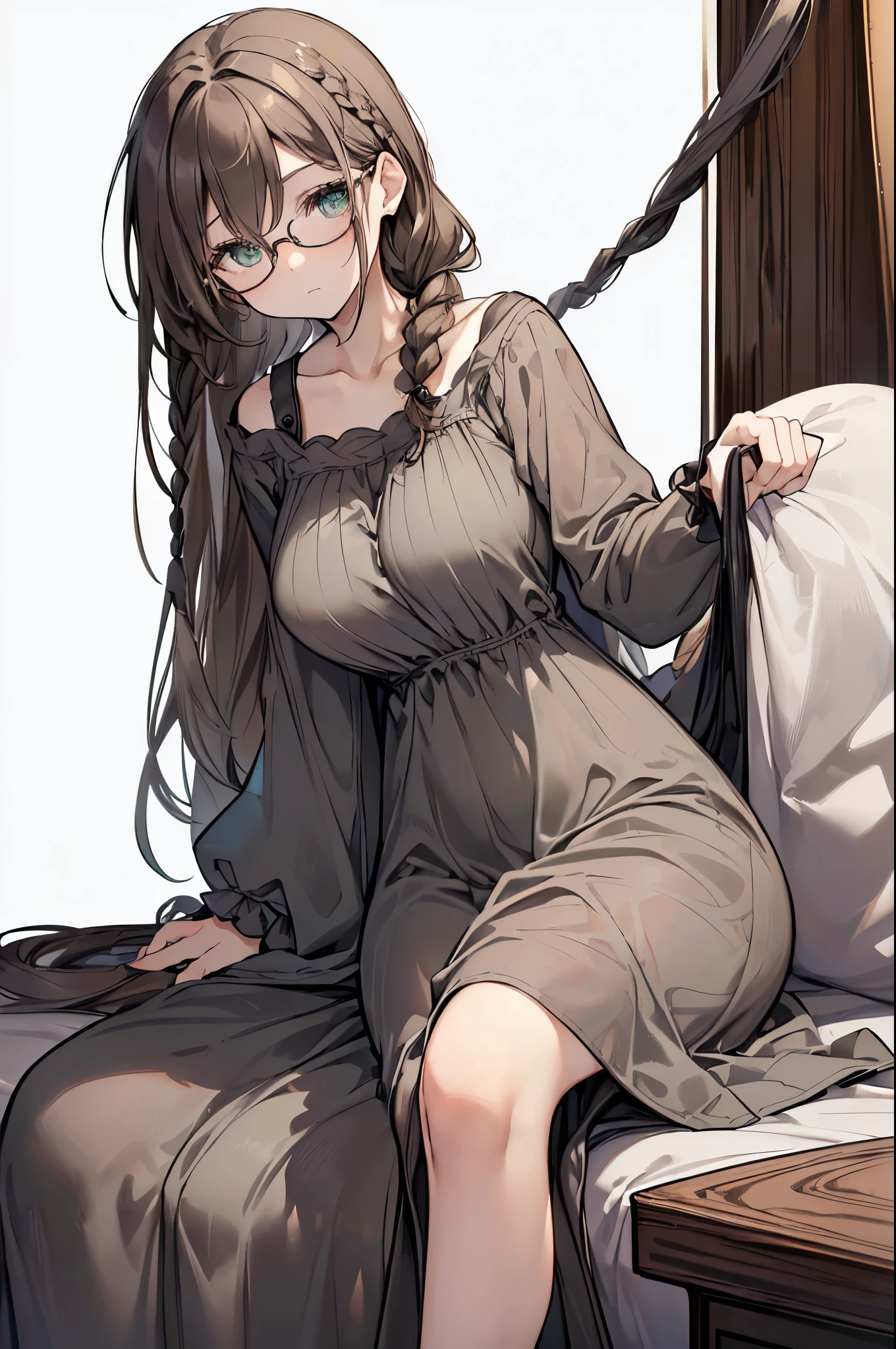 {{masterpiece}}, The best quality of life, 、((Dark brown long hair、Braid)) 、 Cute female, (Green Eyes)、Expressionless adult woman、((White background))、tall、One woman with good style、Large Breasts、(((simple、Dark grey dress、Loungewear)))、Thin glasses