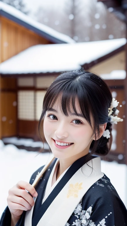 Realistic photos, Beautiful Eyes, A refreshing smile, Flowing black hair, Elegant kimono, Snow Background, Calm expression, Soft lighting, Traditional Japanese art style, Vibrant colors, Peaceful atmosphere, Delicate features, Graceful posture