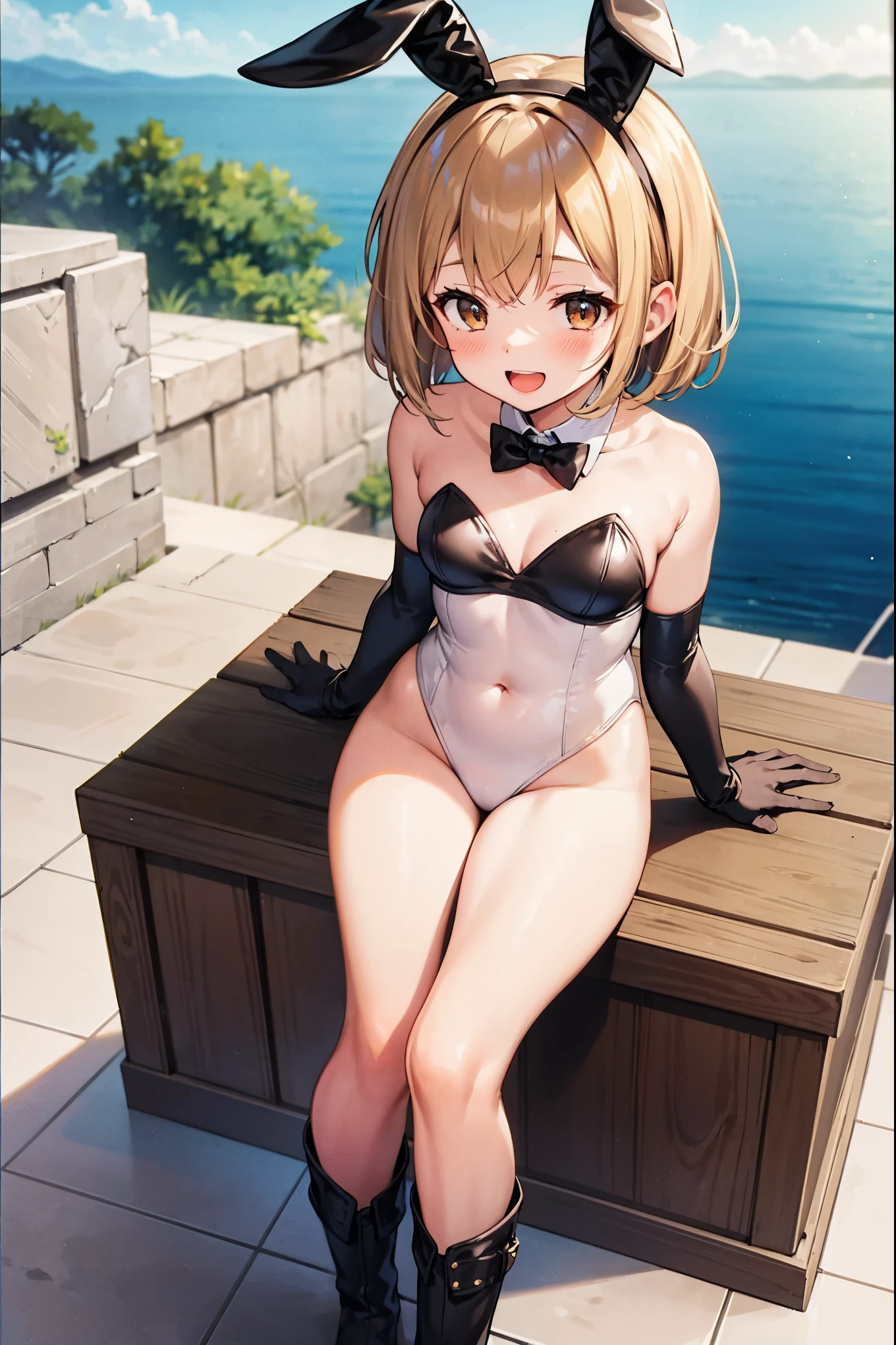 GRANBLUEfantasy,ung_teeirl,brown_hair,medium_bob_hair,platina_blond_hair,white_leotard,covered_crotch,thigh-highs,smile,standing,bluesky_landscape_background,slightly_spread_legs,happiness, short_gloves ,solo, r18, navel,relicbuster,short,boots,open_mouth,sitting,knees,blush,shy,bunny_ears